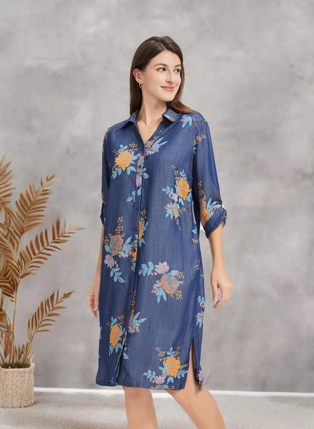 KYAL Women's Summer Denim Shirt Dress Printed Button Down Short Sleeve Tops Relaxed Fit & Side Pockets