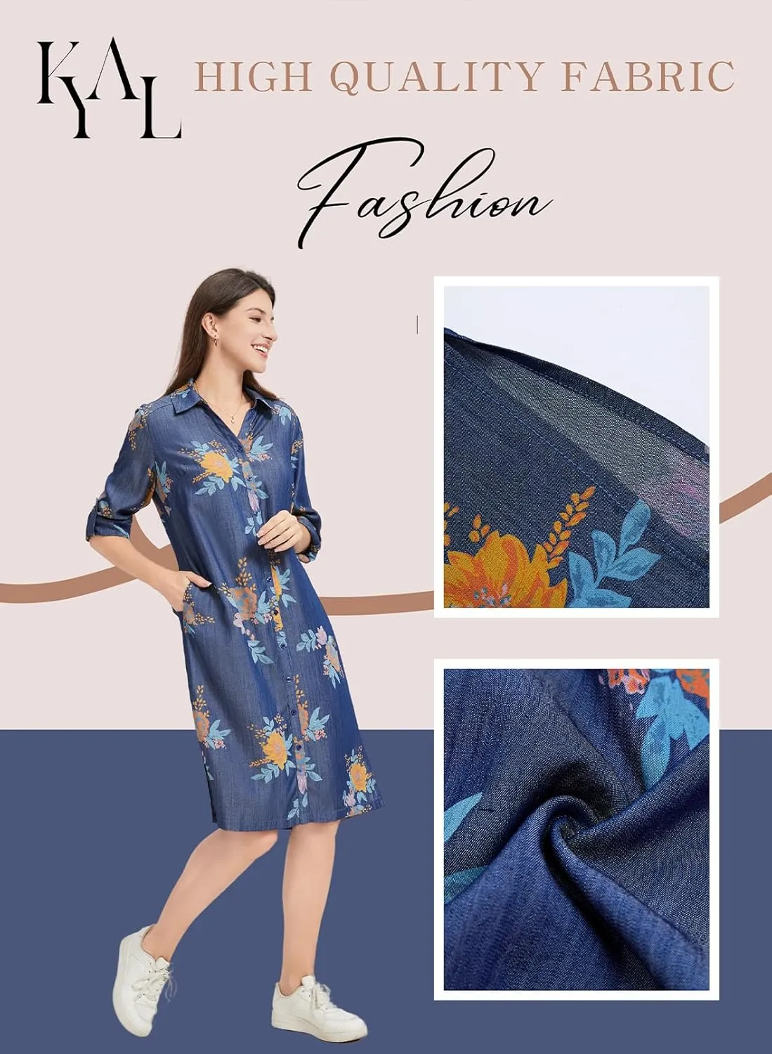 KYAL Women's Summer Denim Shirt Dress Printed Button Down Short Sleeve Tops Relaxed Fit & Side Pockets