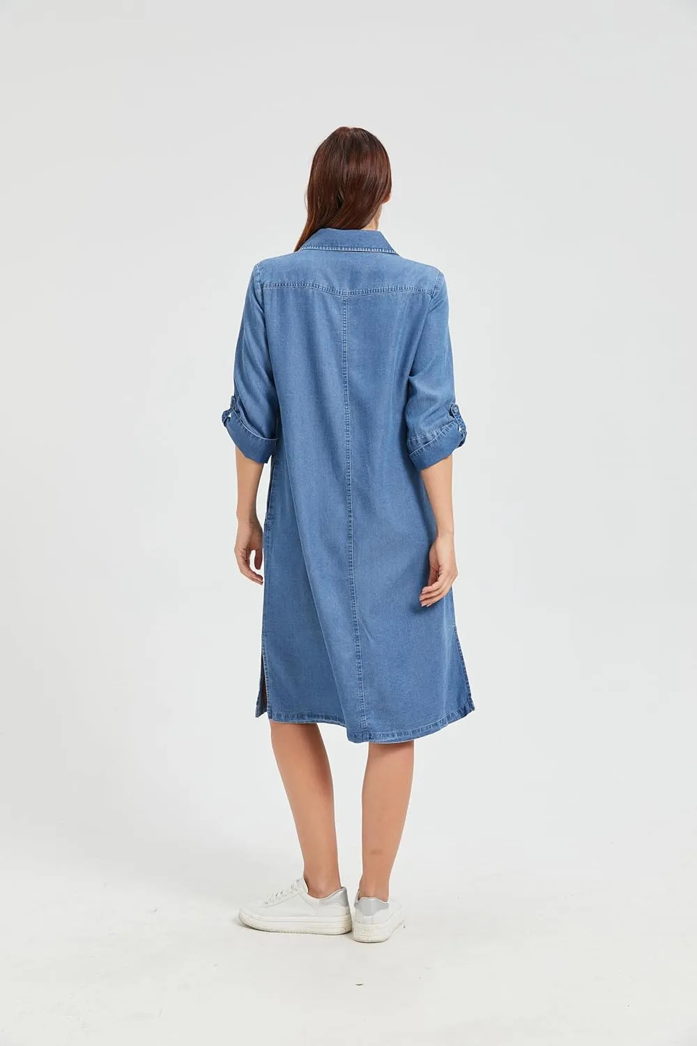 KYAL Women's Summer Denim Shirt Dress Printed Button Down Short Sleeve Tops Relaxed Fit & Side Pockets