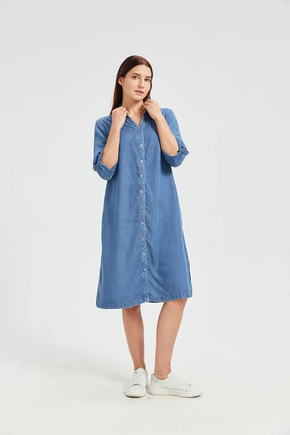 KYAL Women's Summer Denim Shirt Dress Printed Button Down Short Sleeve Tops Relaxed Fit & Side Pockets