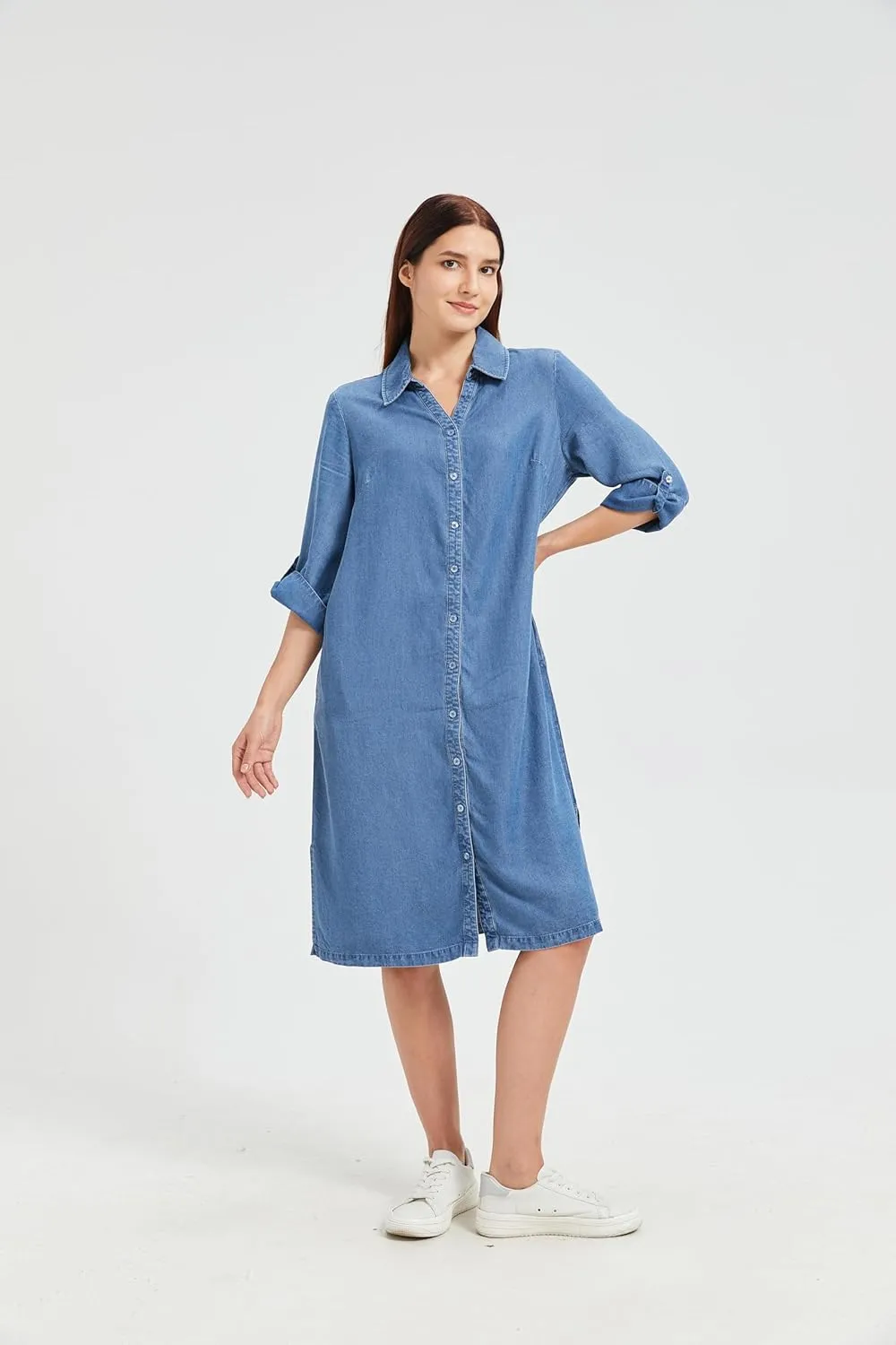 KYAL Women's Summer Denim Shirt Dress Printed Button Down Short Sleeve Tops Relaxed Fit & Side Pockets