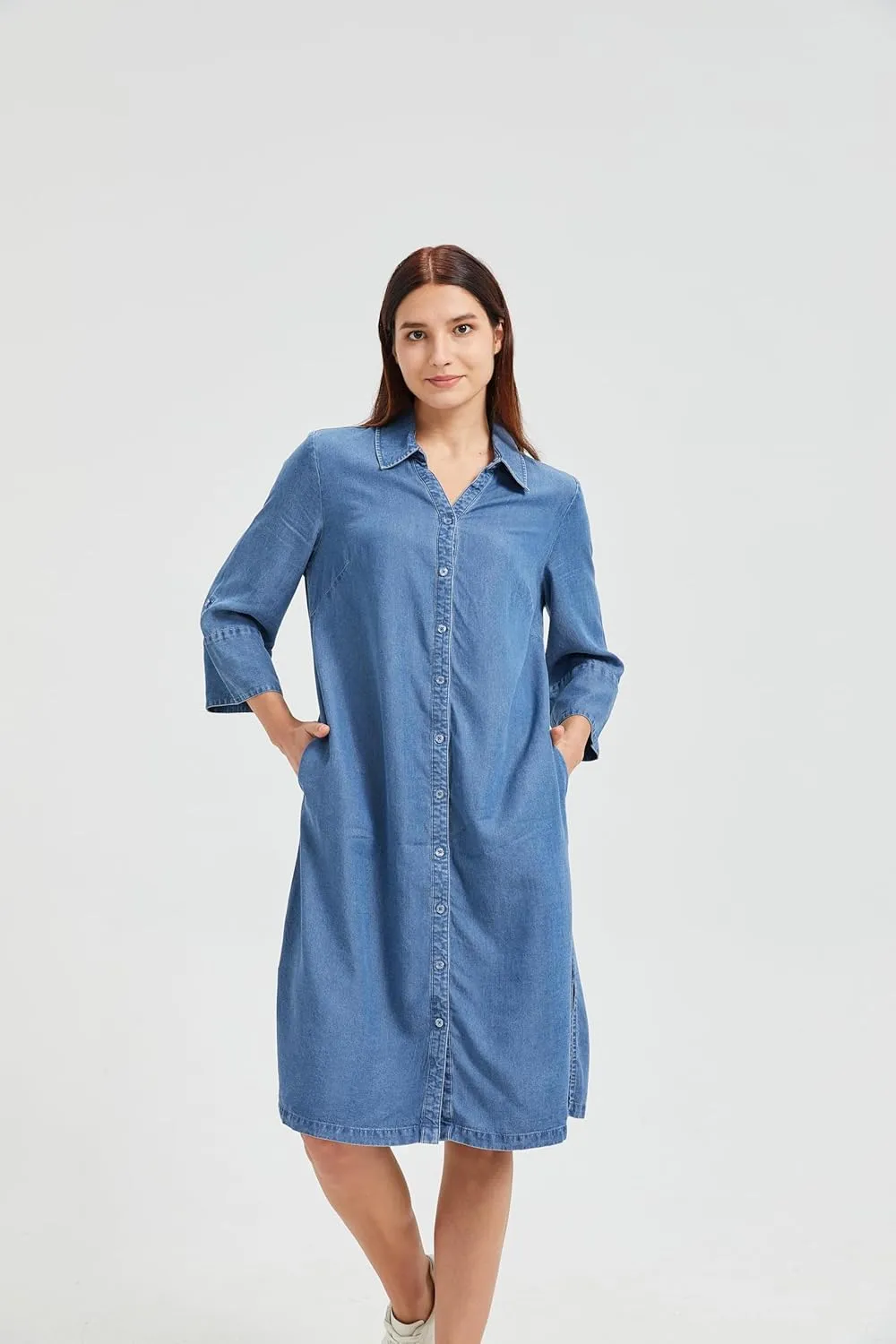 KYAL Women's Summer Denim Shirt Dress Printed Button Down Short Sleeve Tops Relaxed Fit & Side Pockets