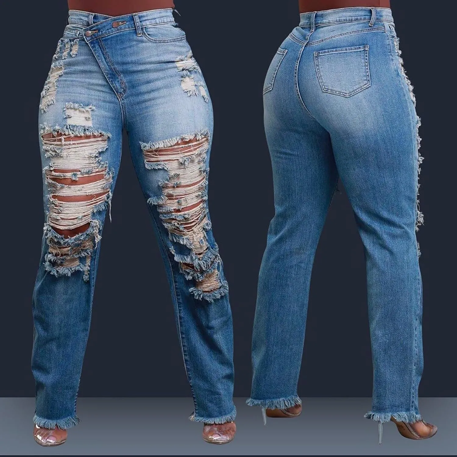 LAJIOJIO Womens Ripped Wide Leg Jeans Y2K Distressed Cutout Straight Leg Denim Pants Trousers with Pockets