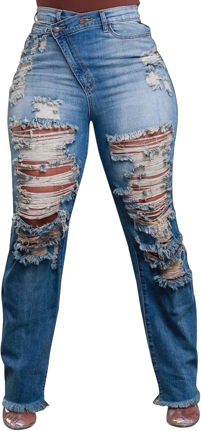 LAJIOJIO Womens Ripped Wide Leg Jeans Y2K Distressed Cutout Straight Leg Denim Pants Trousers with Pockets