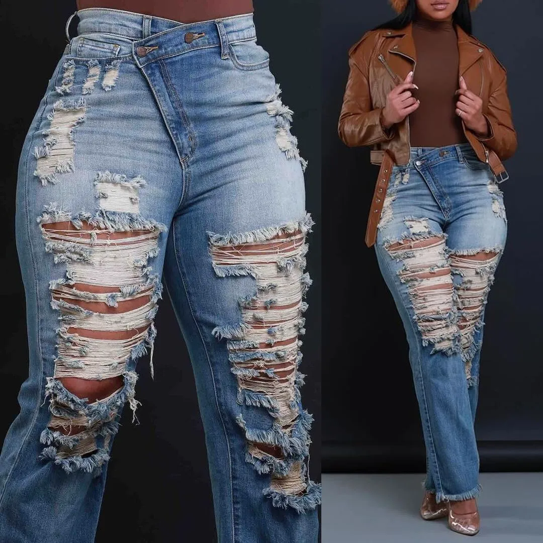 LAJIOJIO Womens Ripped Wide Leg Jeans Y2K Distressed Cutout Straight Leg Denim Pants Trousers with Pockets