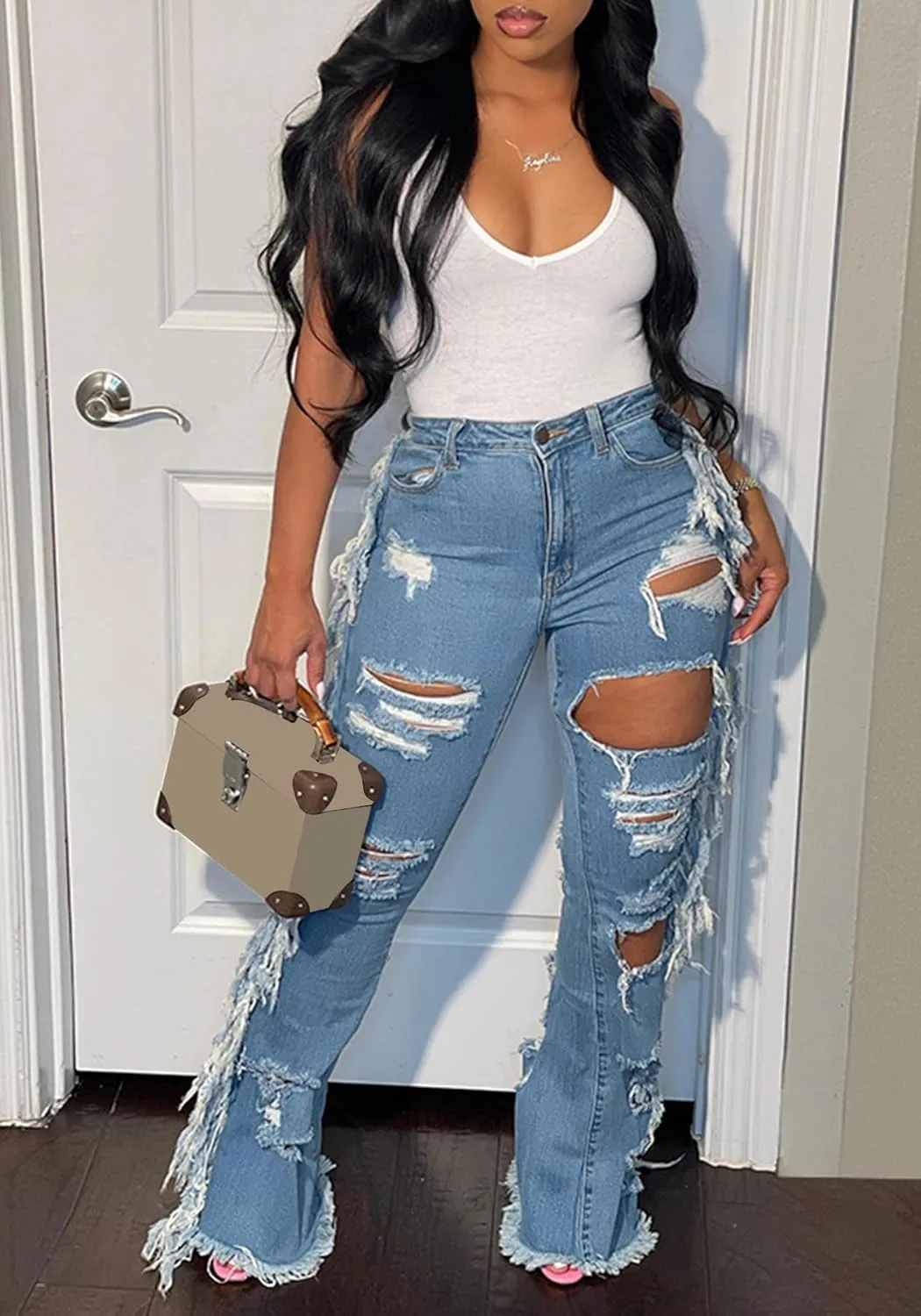 LAJIOJIO Womens Ripped Wide Leg Jeans Y2K Distressed Cutout Straight Leg Denim Pants Trousers with Pockets