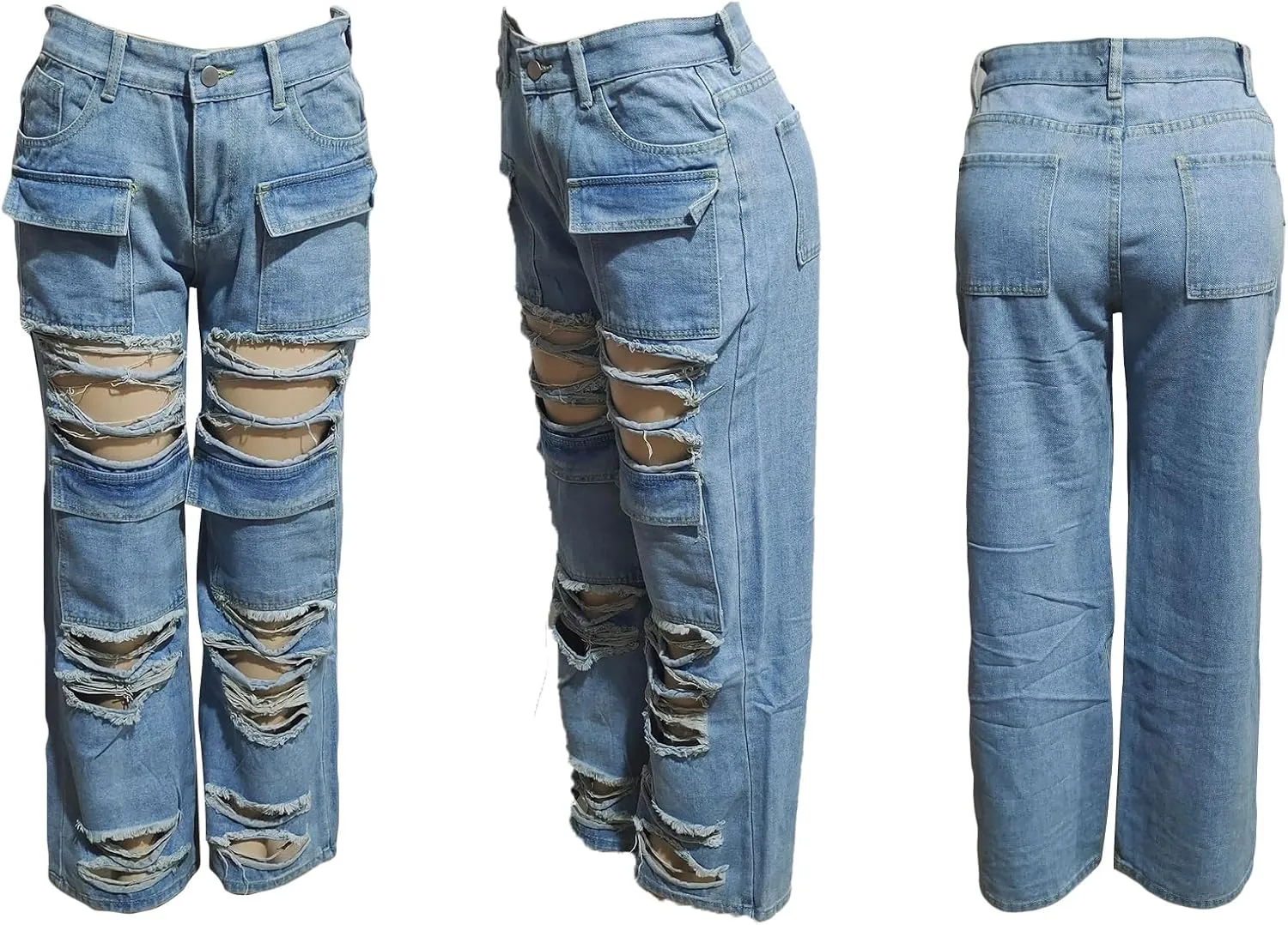 LAJIOJIO Womens Ripped Wide Leg Jeans Y2K Distressed Cutout Straight Leg Denim Pants Trousers with Pockets
