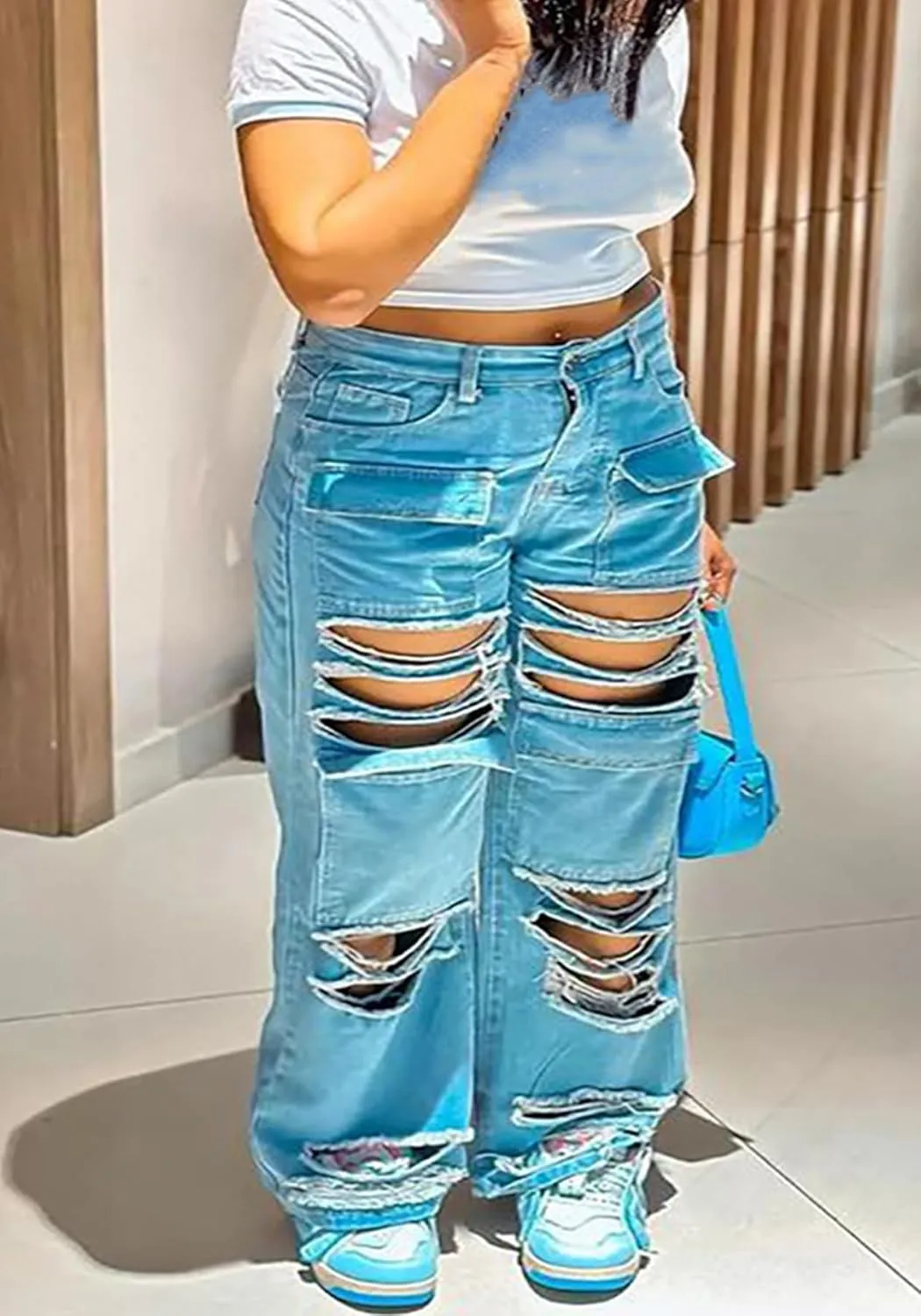 LAJIOJIO Womens Ripped Wide Leg Jeans Y2K Distressed Cutout Straight Leg Denim Pants Trousers with Pockets