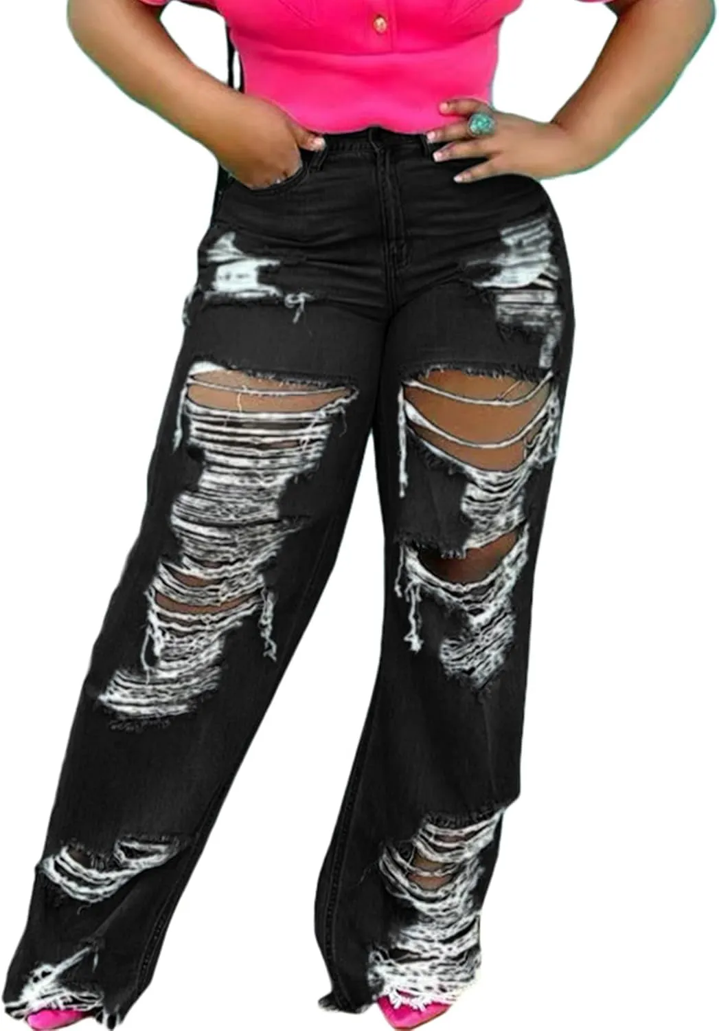 LAJIOJIO Womens Ripped Wide Leg Jeans Y2K Distressed Cutout Straight Leg Denim Pants Trousers with Pockets