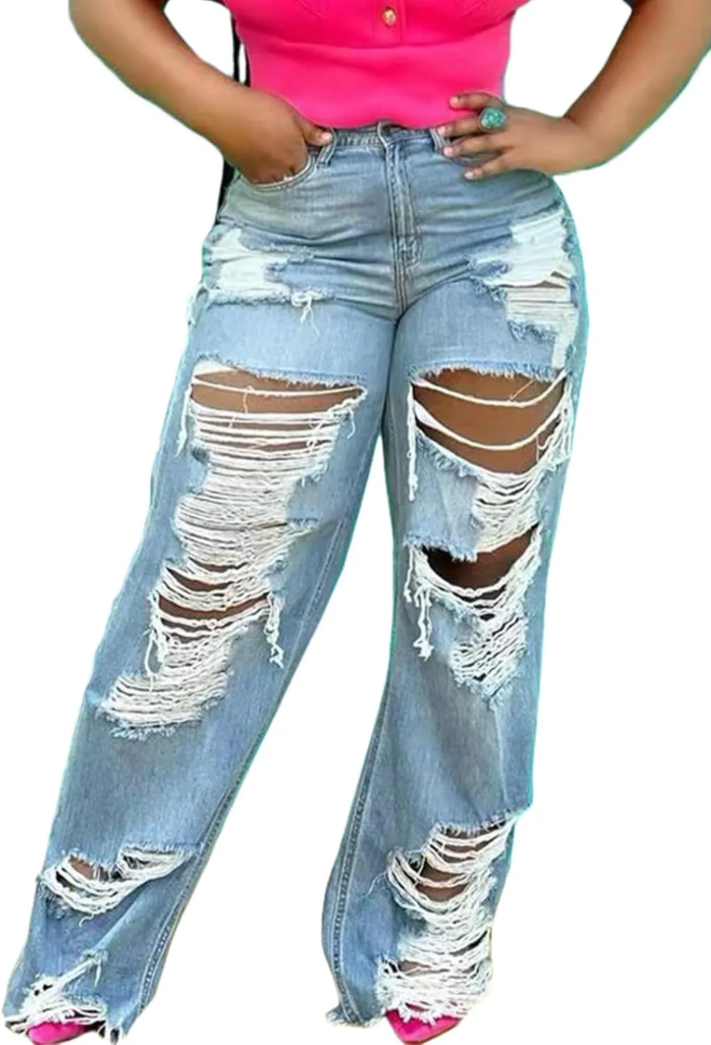 LAJIOJIO Womens Ripped Wide Leg Jeans Y2K Distressed Cutout Straight Leg Denim Pants Trousers with Pockets