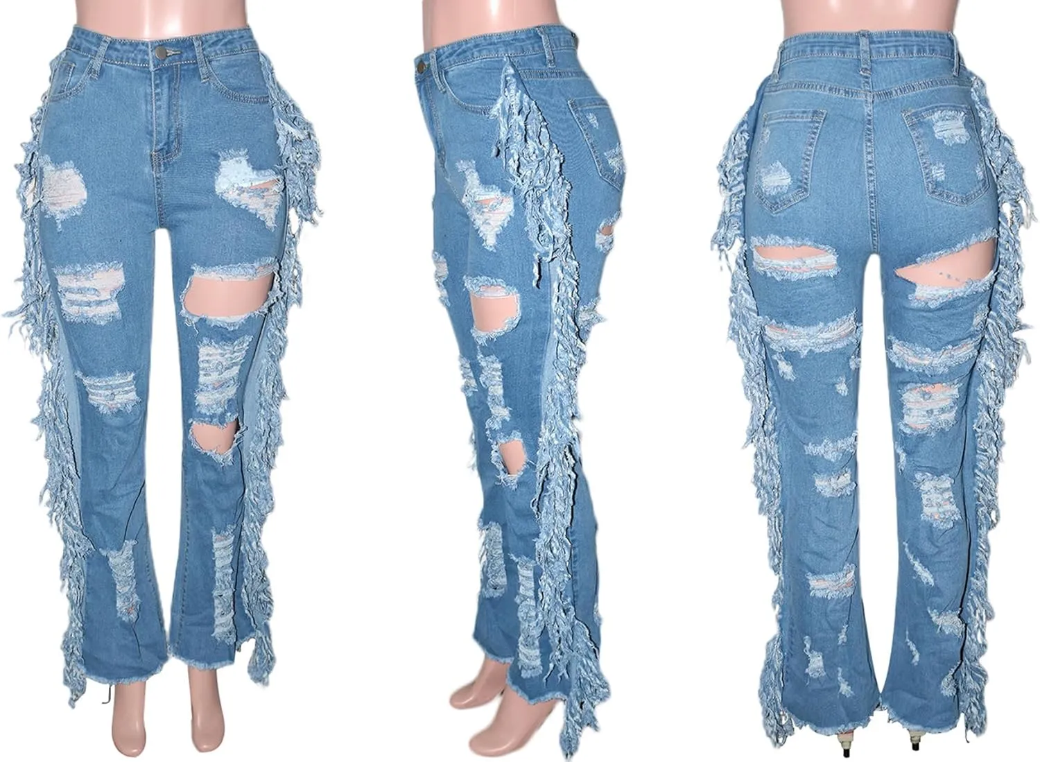 LAJIOJIO Womens Ripped Wide Leg Jeans Y2K Distressed Cutout Straight Leg Denim Pants Trousers with Pockets
