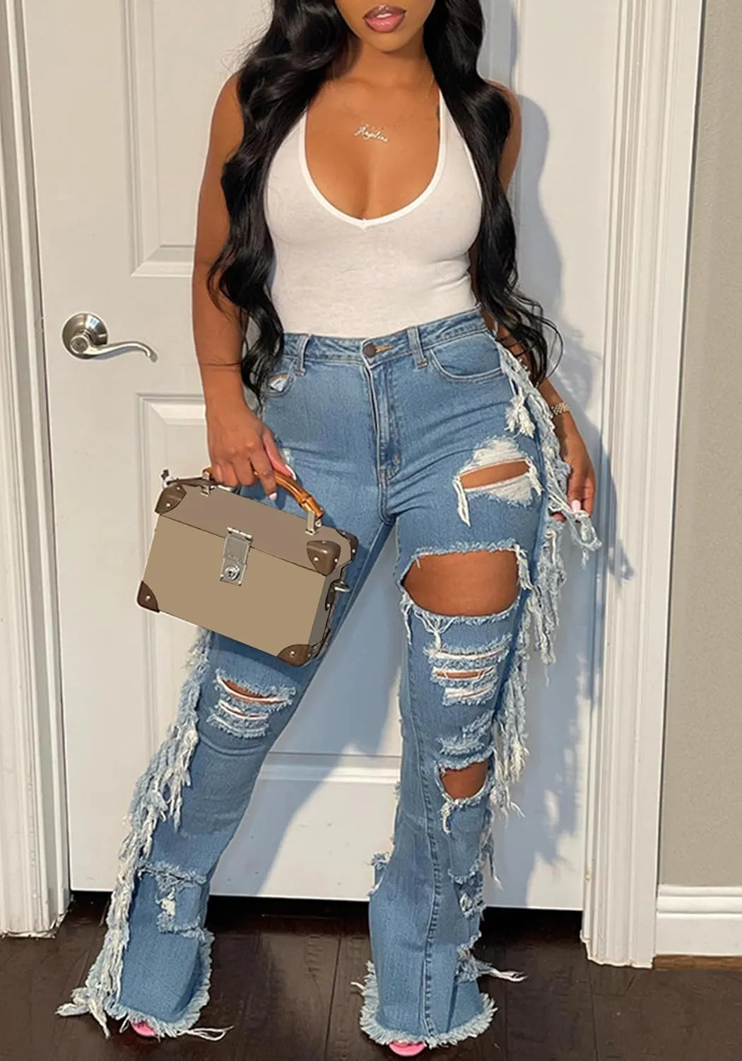 LAJIOJIO Womens Ripped Wide Leg Jeans Y2K Distressed Cutout Straight Leg Denim Pants Trousers with Pockets