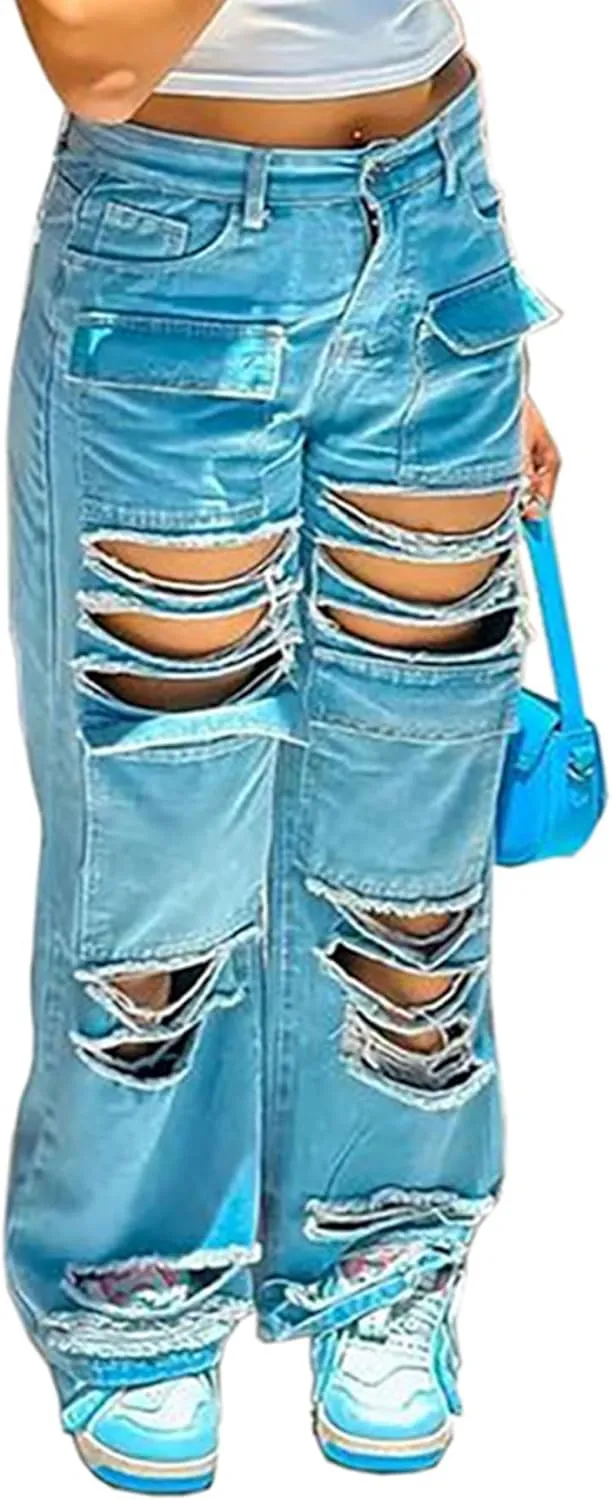 LAJIOJIO Womens Ripped Wide Leg Jeans Y2K Distressed Cutout Straight Leg Denim Pants Trousers with Pockets