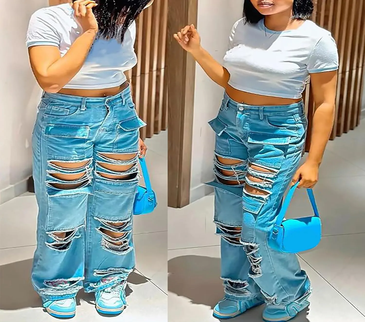 LAJIOJIO Womens Ripped Wide Leg Jeans Y2K Distressed Cutout Straight Leg Denim Pants Trousers with Pockets