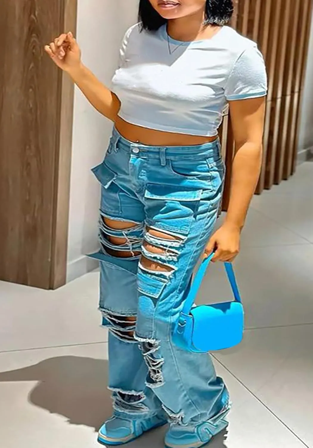 LAJIOJIO Womens Ripped Wide Leg Jeans Y2K Distressed Cutout Straight Leg Denim Pants Trousers with Pockets