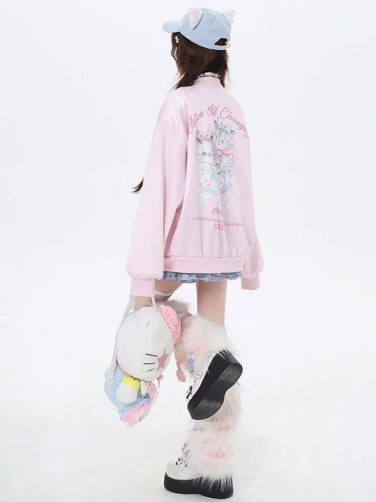 Light Blue/Pink Cats Spring Baseball Jacket