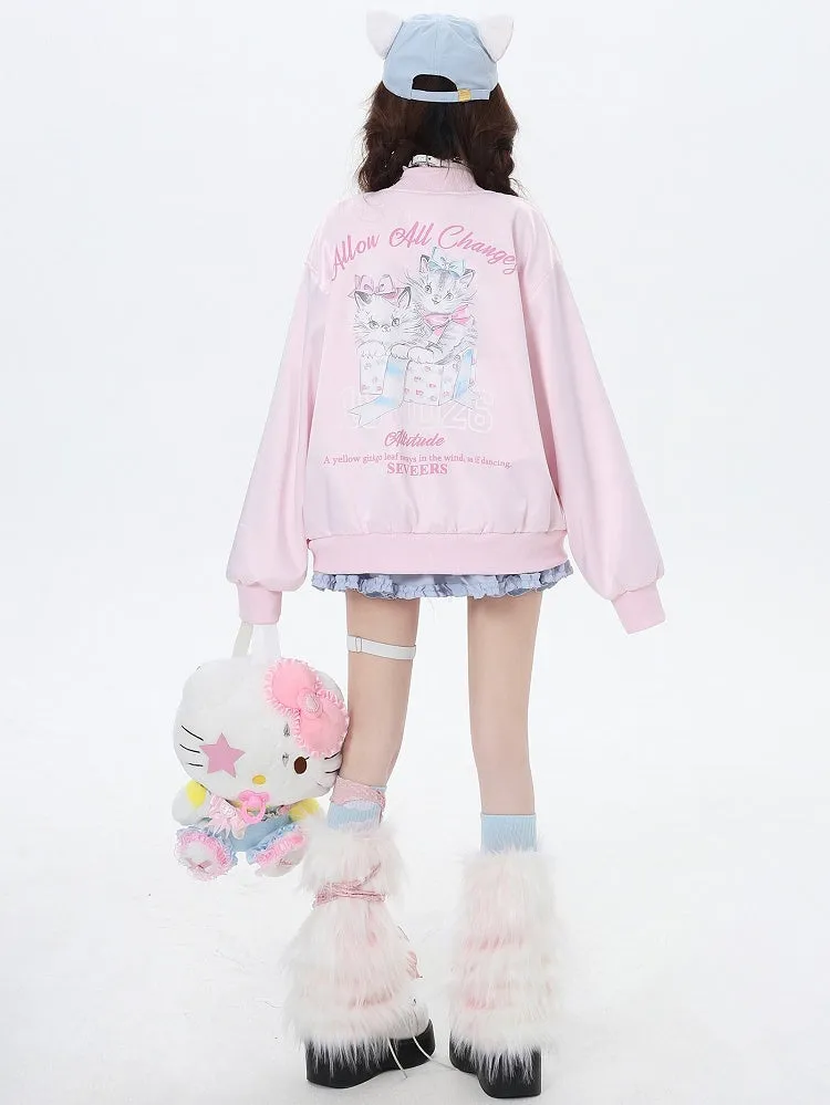 Light Blue/Pink Cats Spring Baseball Jacket