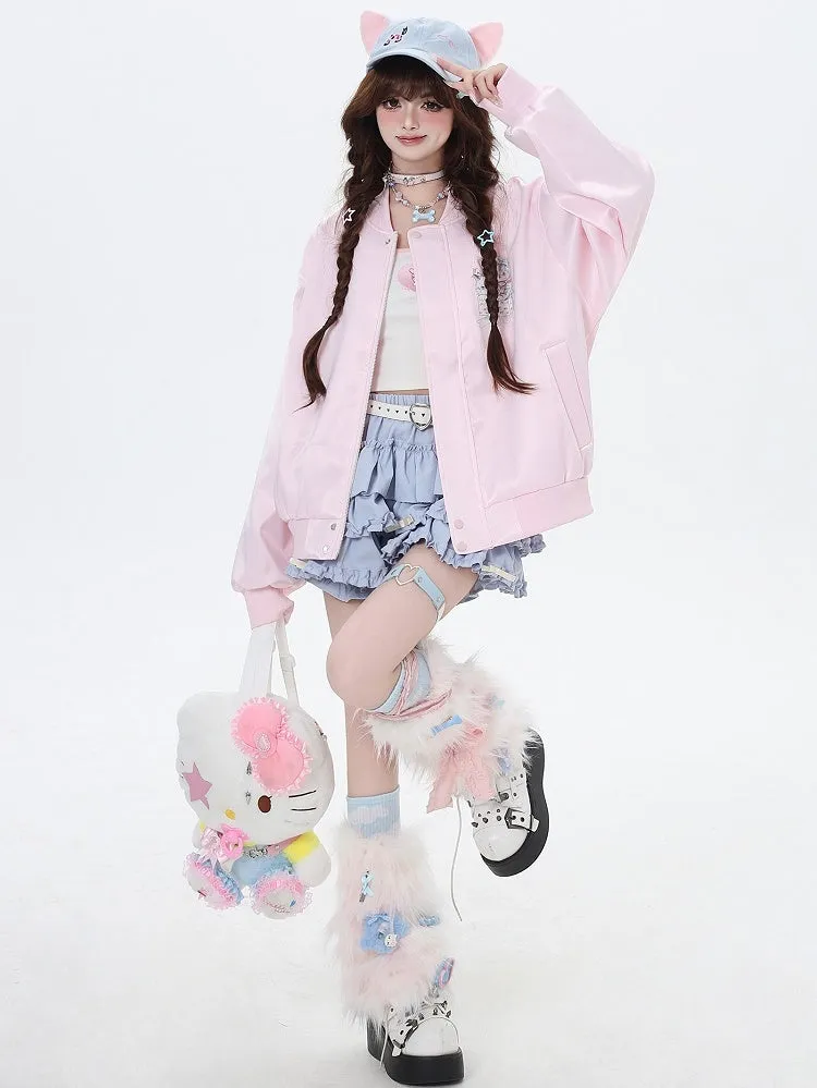 Light Blue/Pink Cats Spring Baseball Jacket