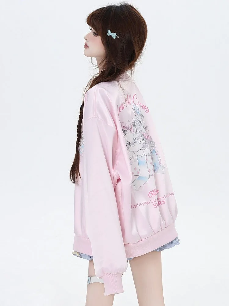 Light Blue/Pink Cats Spring Baseball Jacket
