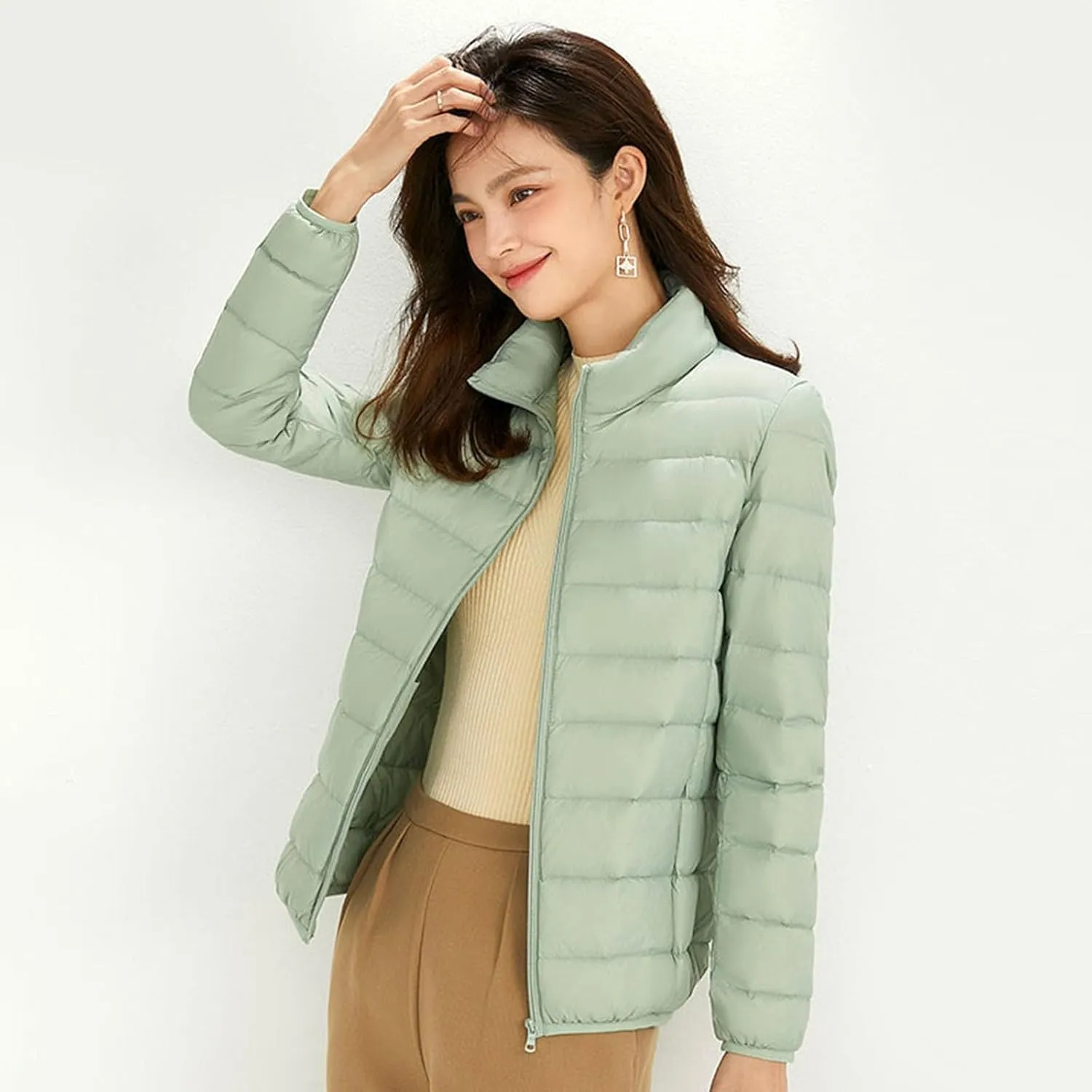 Light Jackets for Women Winter Warm Hoodless Puffer Jacket Fashion Packable Long Sleeve Zipper Down Coat with Pocket