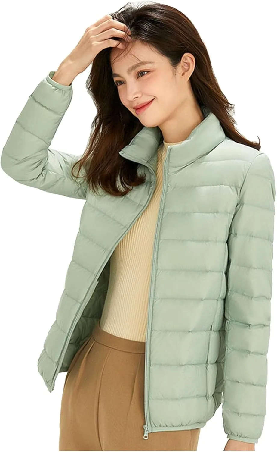 Light Jackets for Women Winter Warm Hoodless Puffer Jacket Fashion Packable Long Sleeve Zipper Down Coat with Pocket