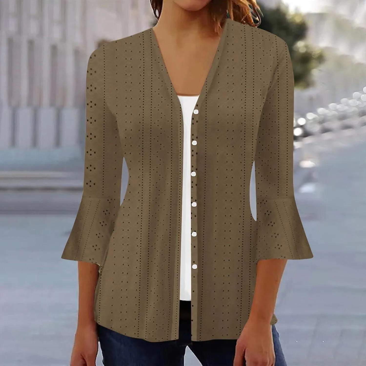 Lightweight Cardigans for Women 3/4 Sleeve Button Down Tops Loose Fit Cover Up Comfy Solid Color Open Front Blouses
