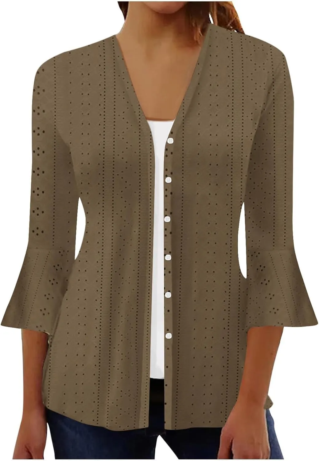 Lightweight Cardigans for Women 3/4 Sleeve Button Down Tops Loose Fit Cover Up Comfy Solid Color Open Front Blouses