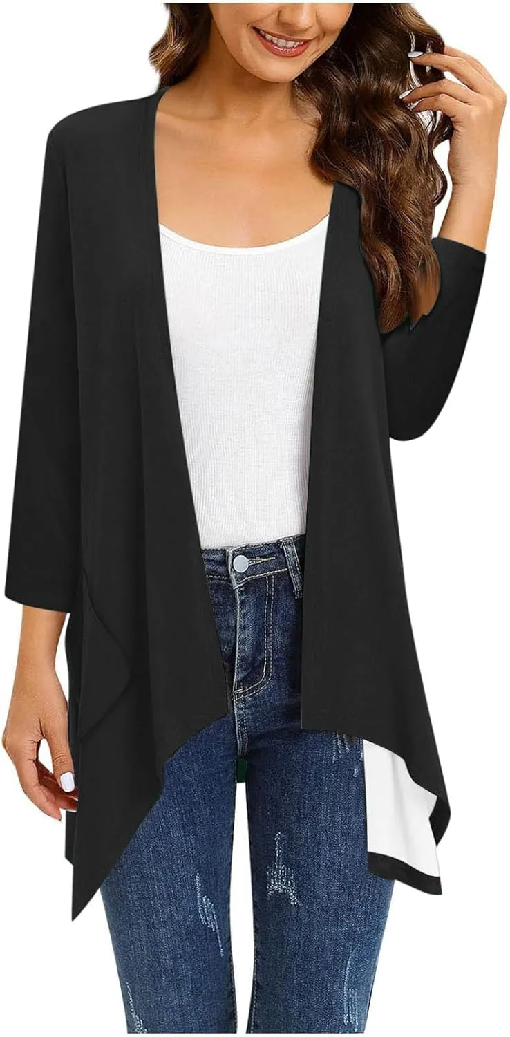 Lightweight Cardigans for Women Plus Size Long Sleeve Open Front Solid Color Cover Ups Irregular Hem Draped Dusters