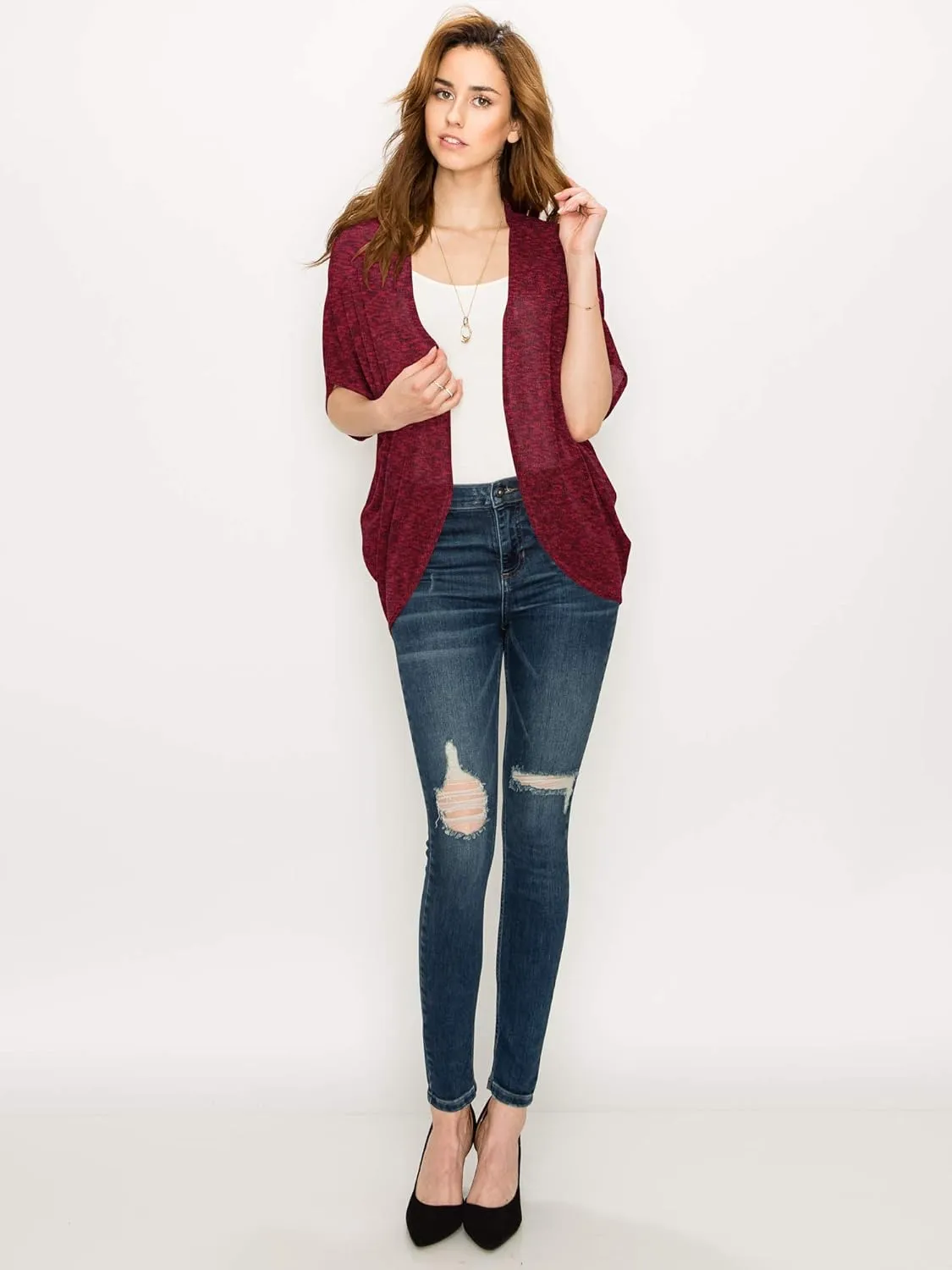 Lock and Love Kimono Style Women's Short Sleeve Open-Front Batwing Cardigan Loose fit