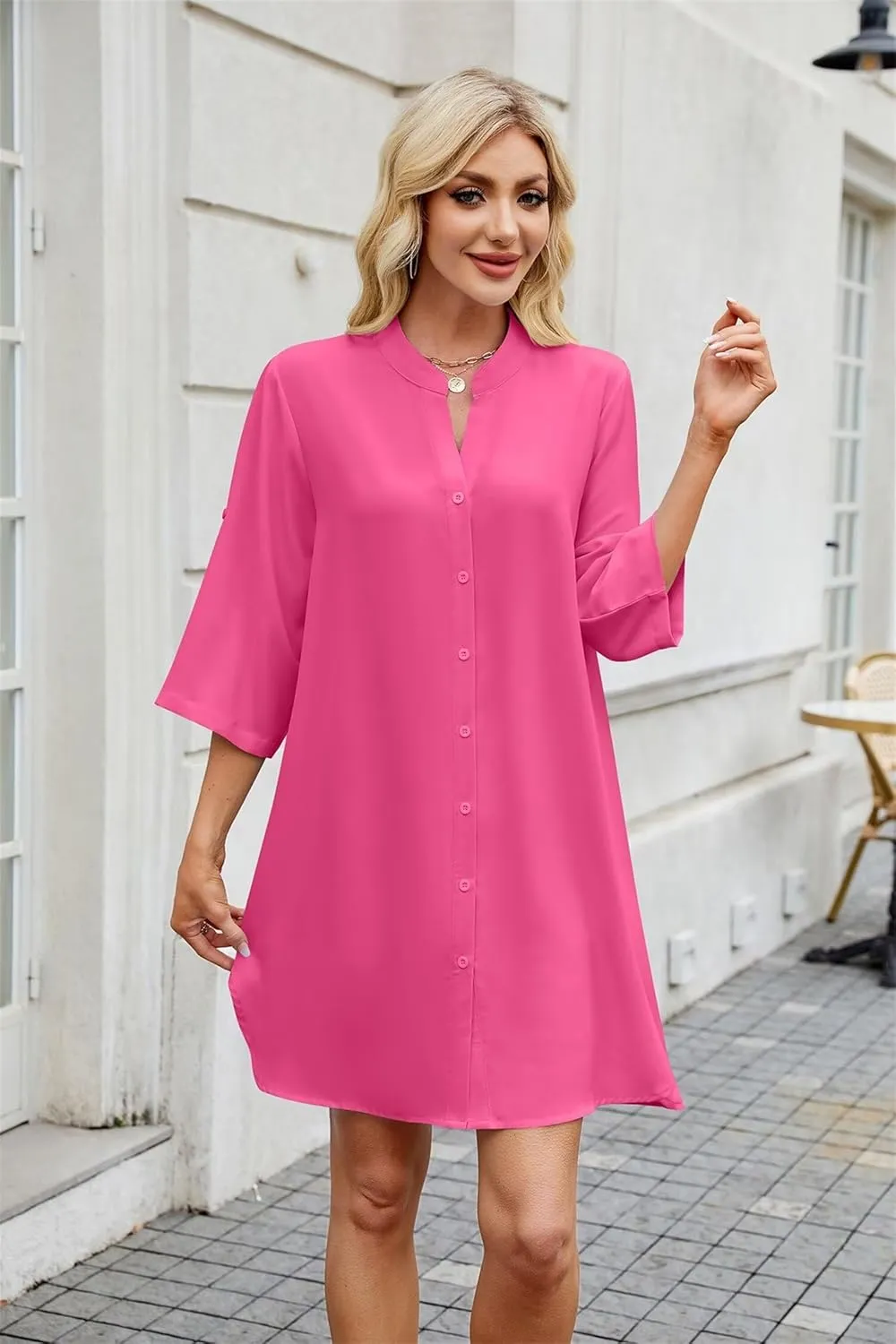 Loose Fit Shift Dress with Buttons for Women Long Sleeve Elegant Shirtdress - Casual and Elegant Design