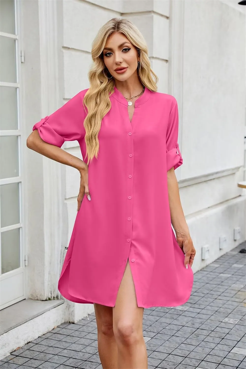 Loose Fit Shift Dress with Buttons for Women Long Sleeve Elegant Shirtdress - Casual and Elegant Design