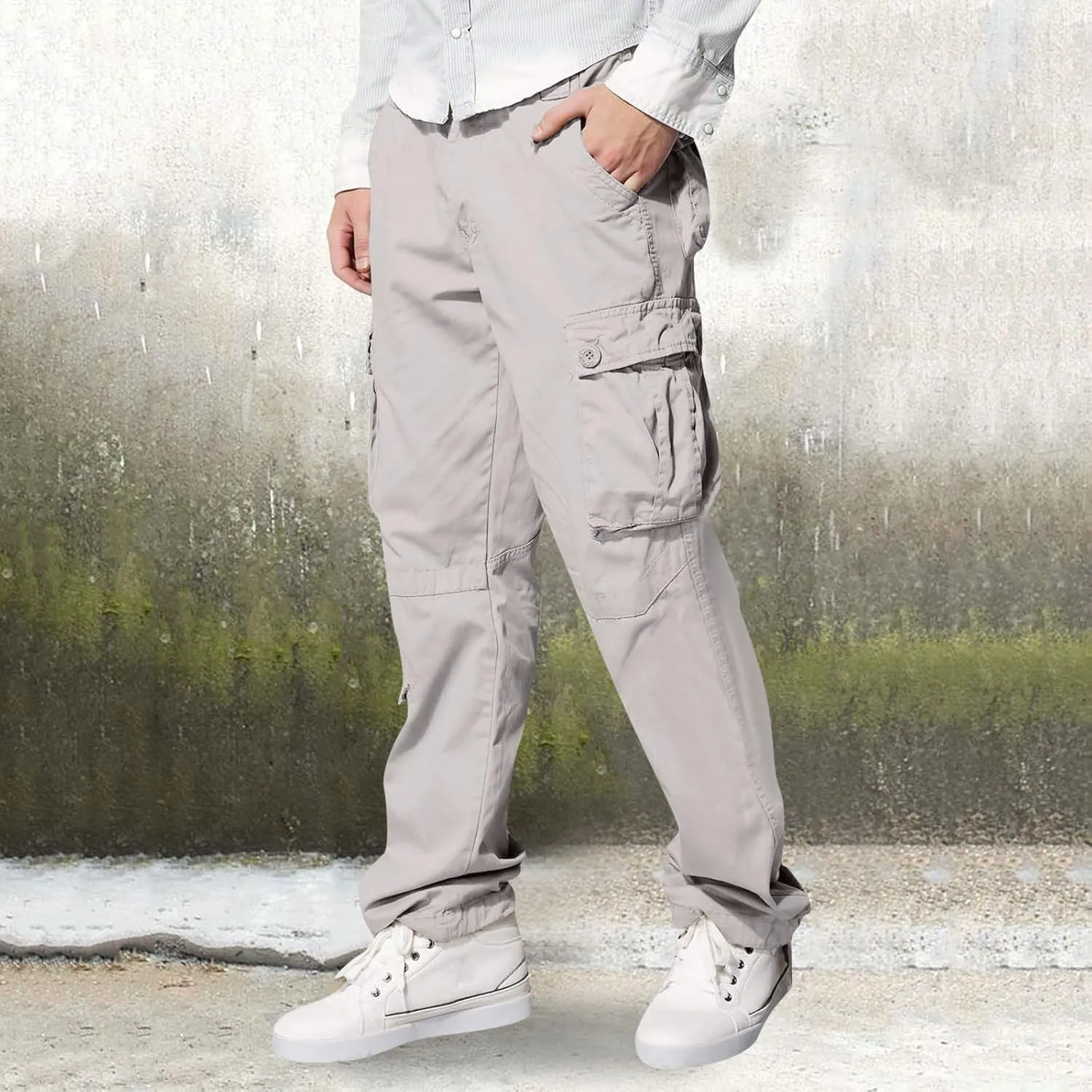Mens Straight Cargo Pant with Multi-Pocket Outdoor Camping Hiking Pants Plus Size Casual Loose Trousers