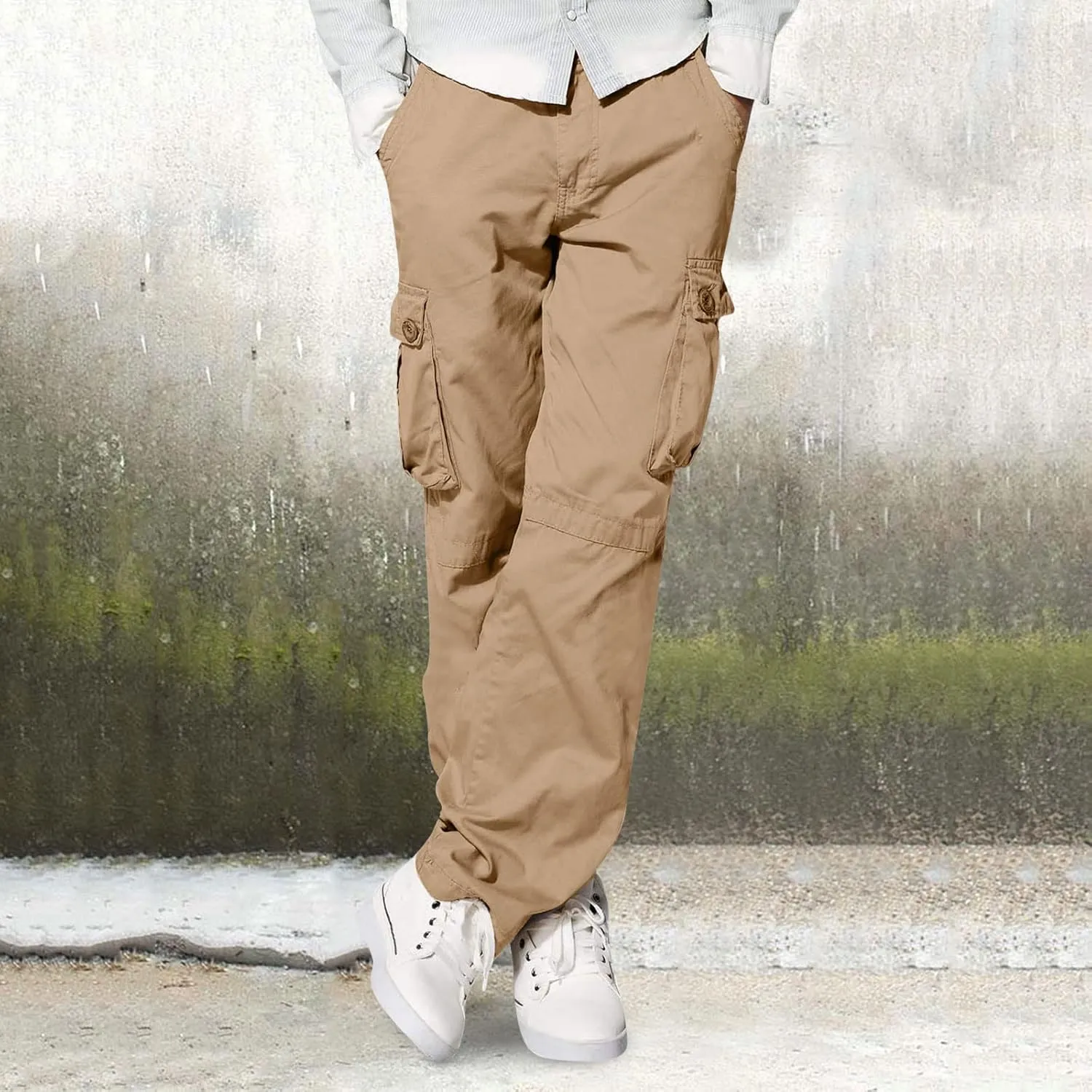Mens Straight Cargo Pant with Multi-Pocket Outdoor Camping Hiking Pants Plus Size Casual Loose Trousers
