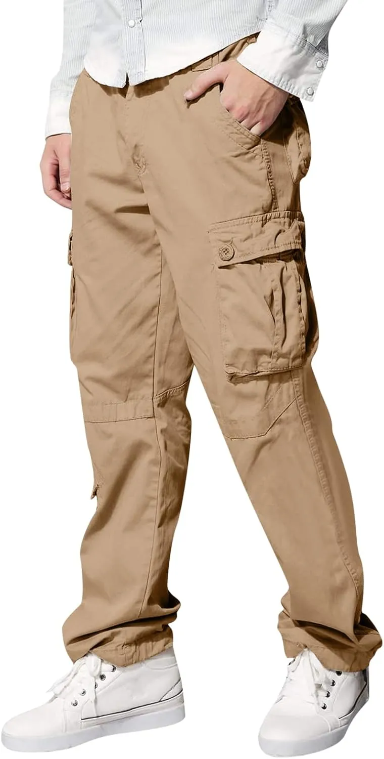 Mens Straight Cargo Pant with Multi-Pocket Outdoor Camping Hiking Pants Plus Size Casual Loose Trousers