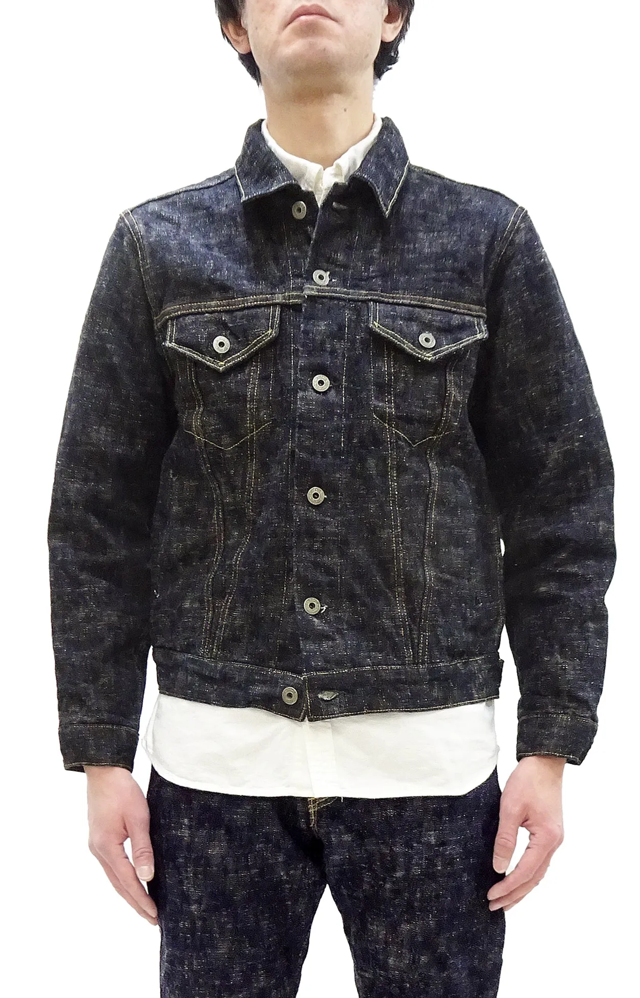 Oni Denim Jacket 02527P-kasuri Men's Casual Slim-Fit 17oz. ONI-Kasuri Slub Selvedge Denim Type III Jean Jacket Indigo One-Wash