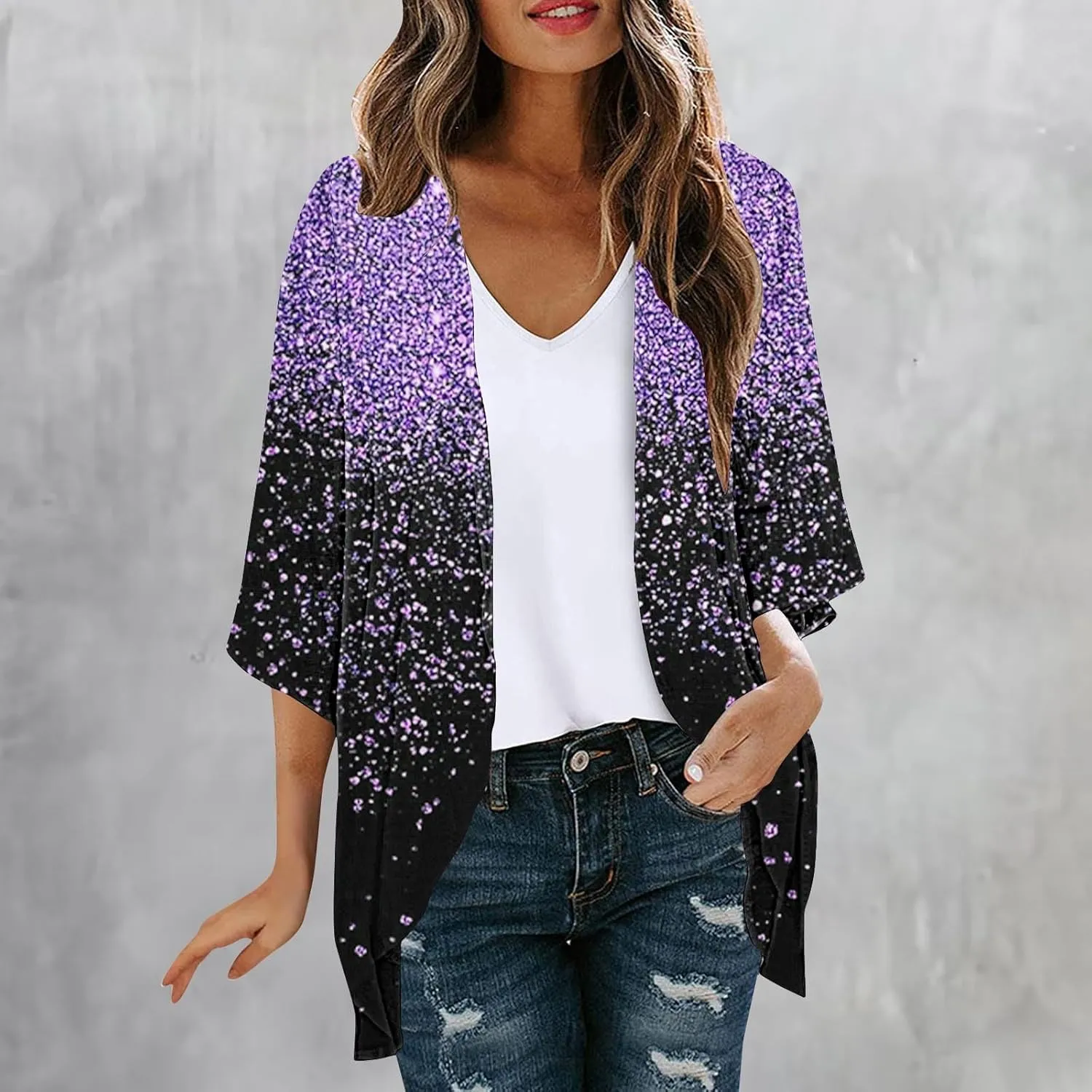 Plus Size Cardigans for Women Lightweight Beach Cover up Chiffon Cardigan Casual 3/4 Sleeve Swimsuit Cover Up Tops