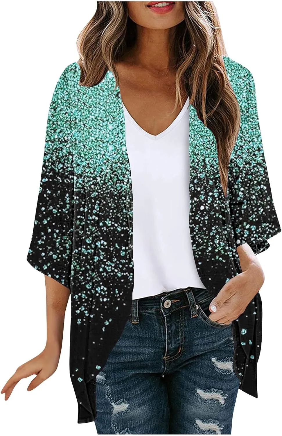Plus Size Cardigans for Women Lightweight Beach Cover up Chiffon Cardigan Casual 3/4 Sleeve Swimsuit Cover Up Tops