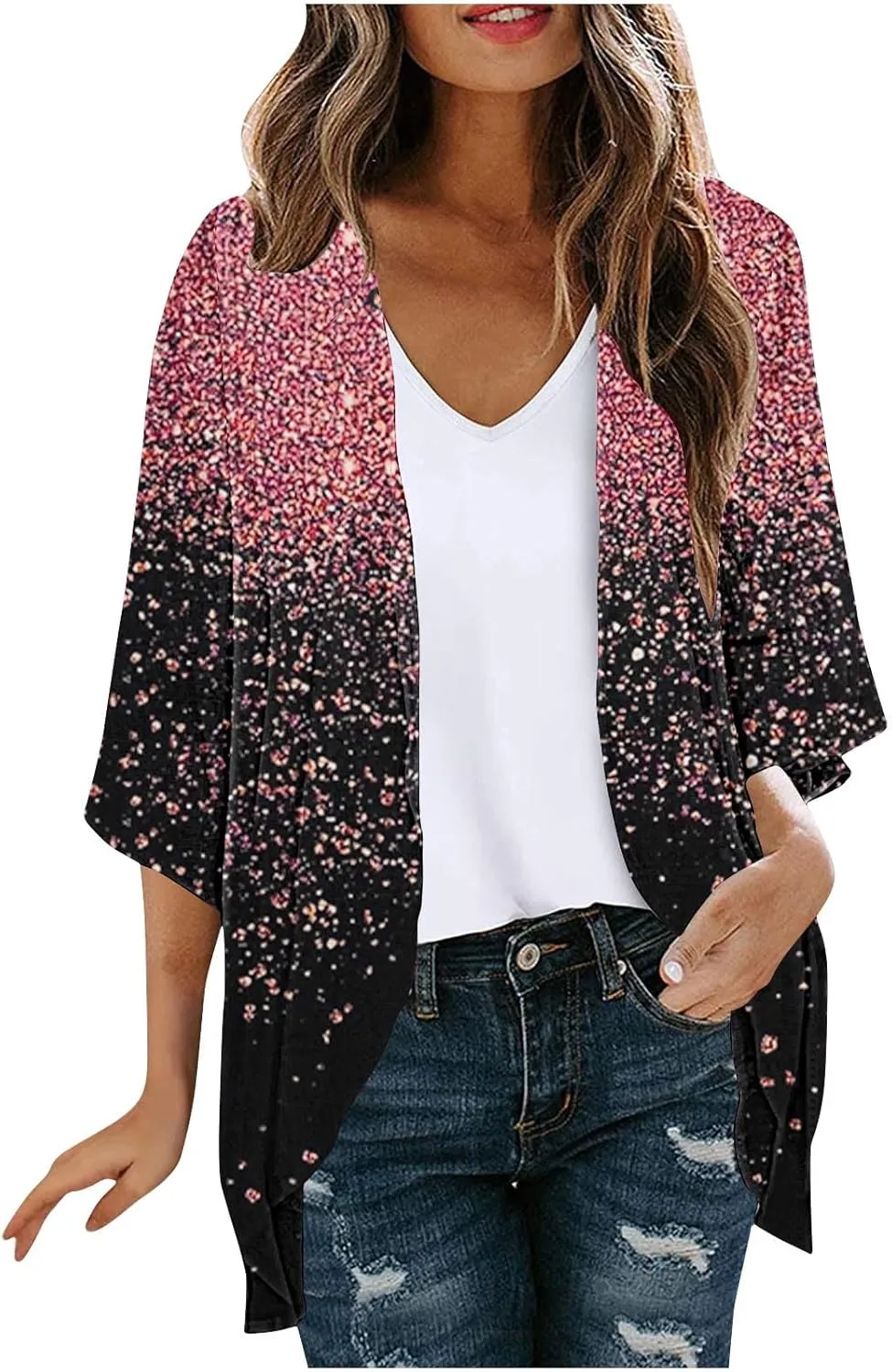 Plus Size Cardigans for Women Lightweight Beach Cover up Chiffon Cardigan Casual 3/4 Sleeve Swimsuit Cover Up Tops
