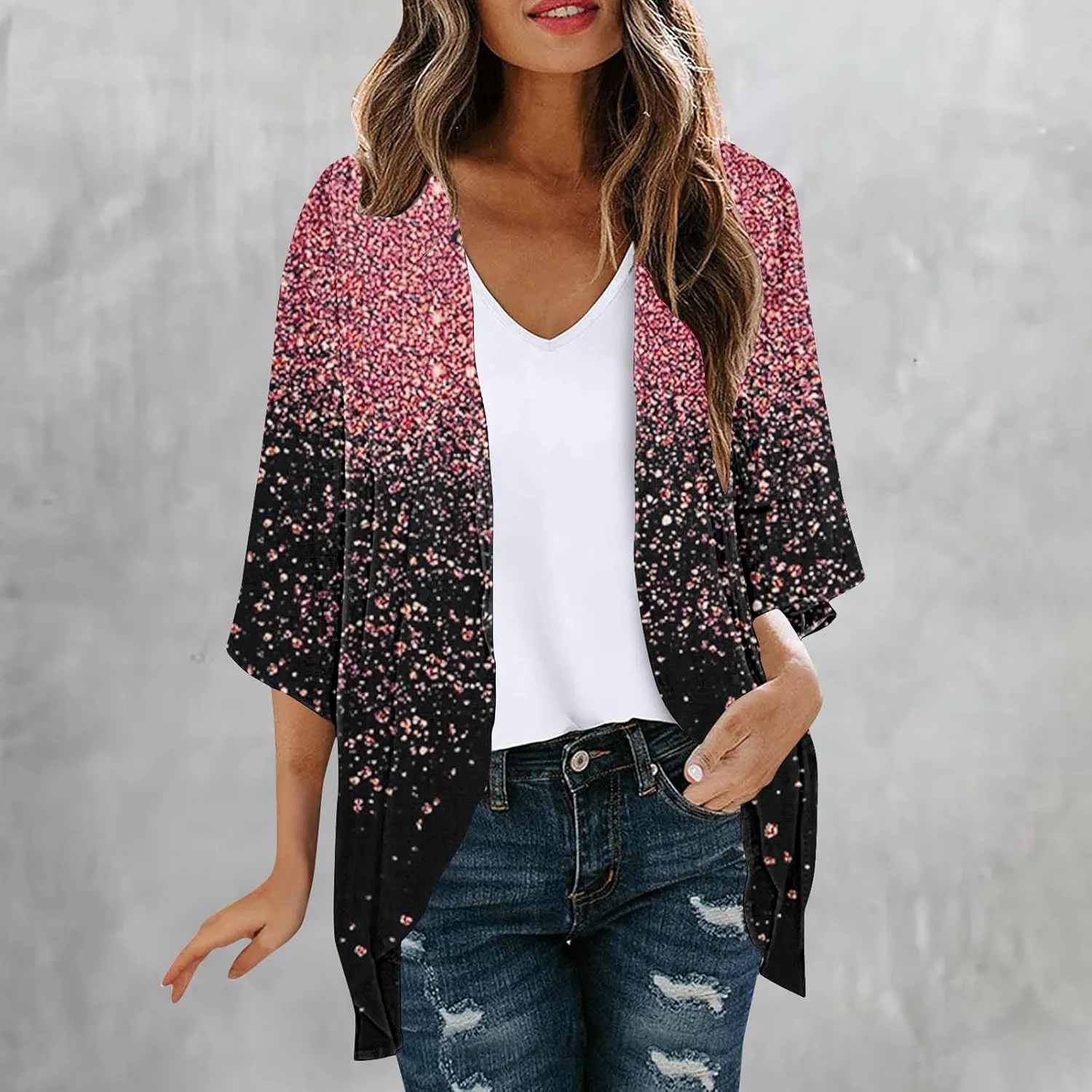 Plus Size Cardigans for Women Lightweight Beach Cover up Chiffon Cardigan Casual 3/4 Sleeve Swimsuit Cover Up Tops