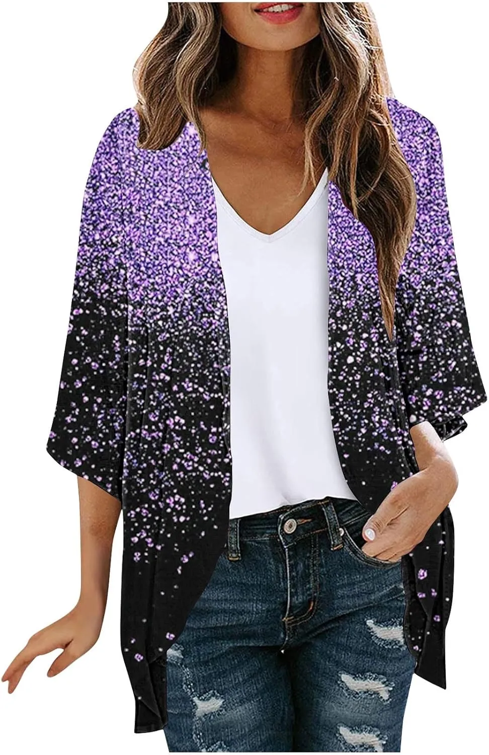 Plus Size Cardigans for Women Lightweight Beach Cover up Chiffon Cardigan Casual 3/4 Sleeve Swimsuit Cover Up Tops