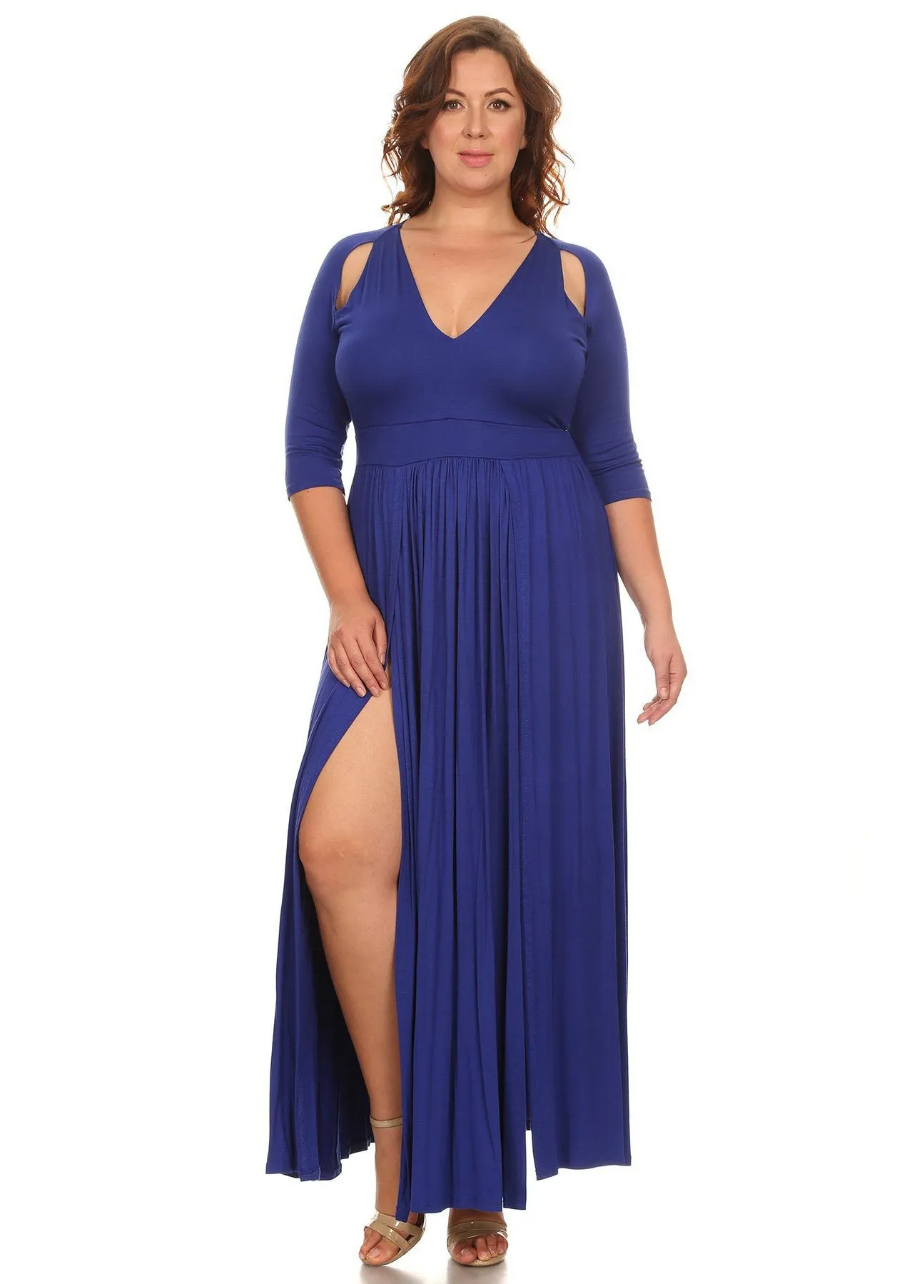 Plus Size Women Full Length V-Neck Cutouts Silted Maxi Dress