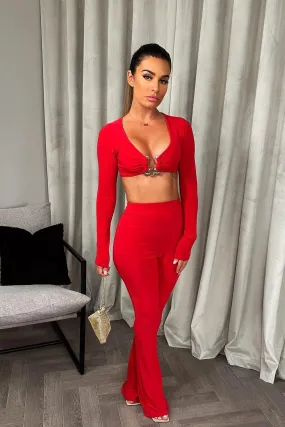 RENA RED BUCKLE HOOKED TOP AND SATIN STRETCHY PANTS CO-ORD SET