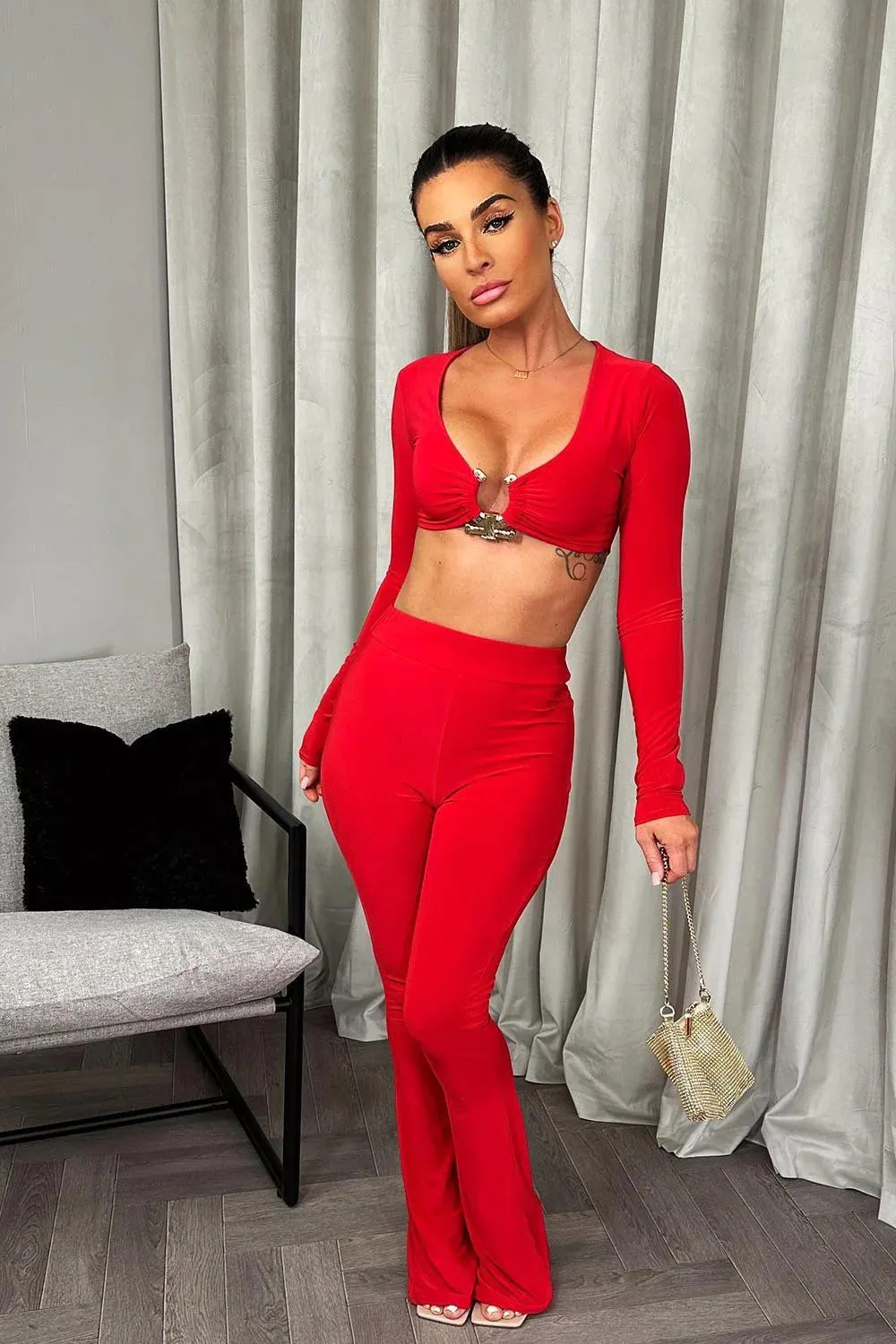 RENA RED BUCKLE HOOKED TOP AND SATIN STRETCHY PANTS CO-ORD SET