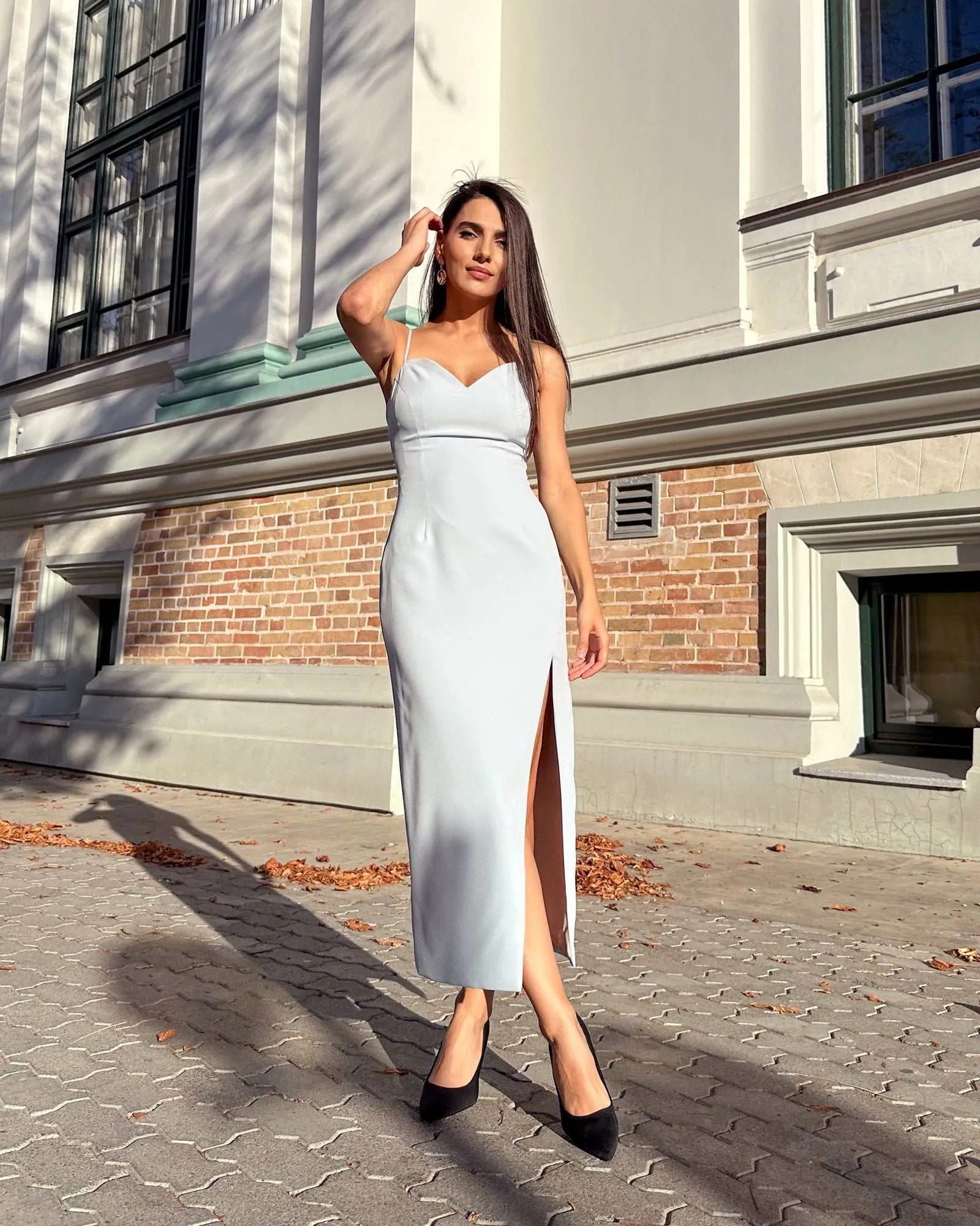 Rochie maxi albasta cu slit