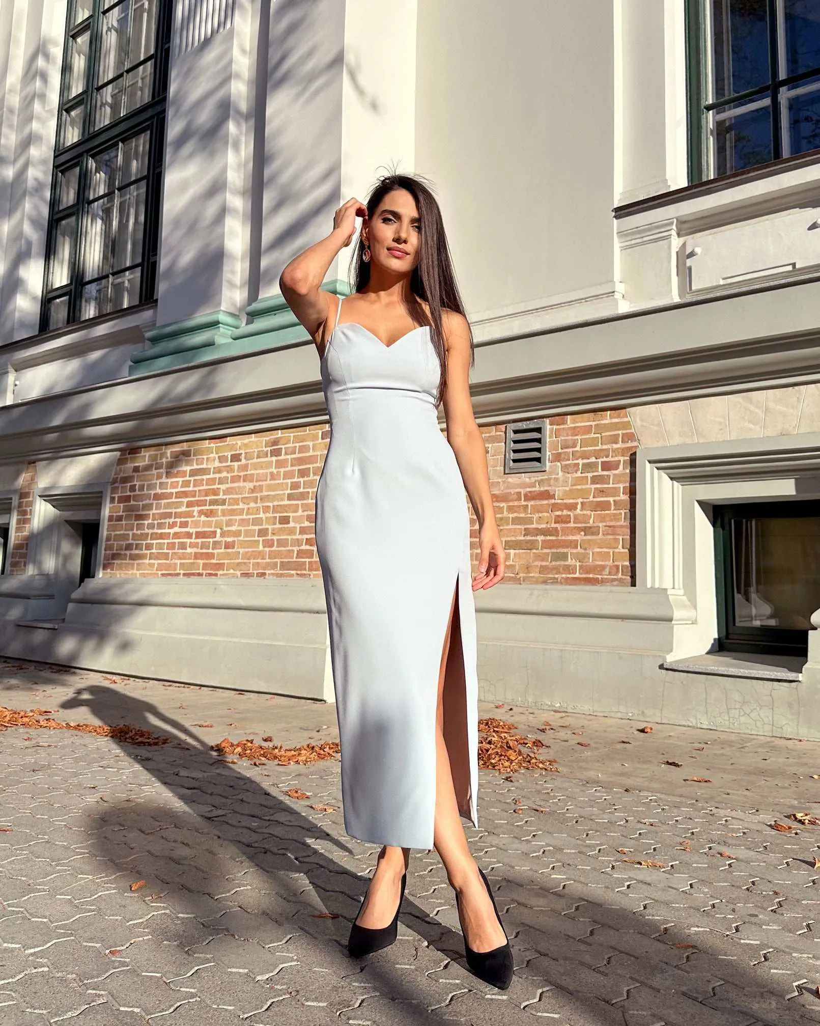 Rochie maxi albasta cu slit