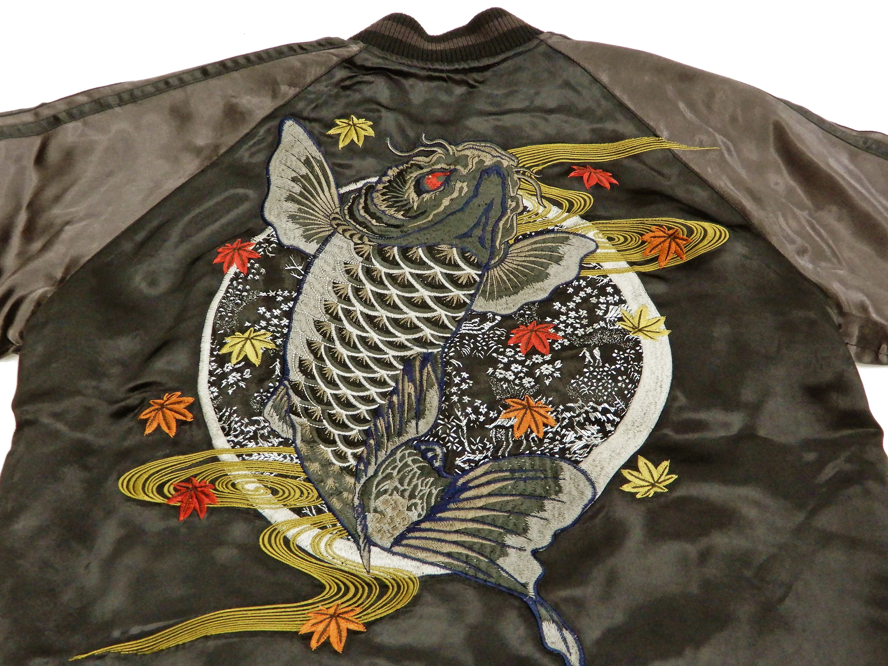 Satori Script Men's Japanese Souvenir Jacket Koi Fish Carp Sukajan GSJR-023 Black/Charcoal-Gray