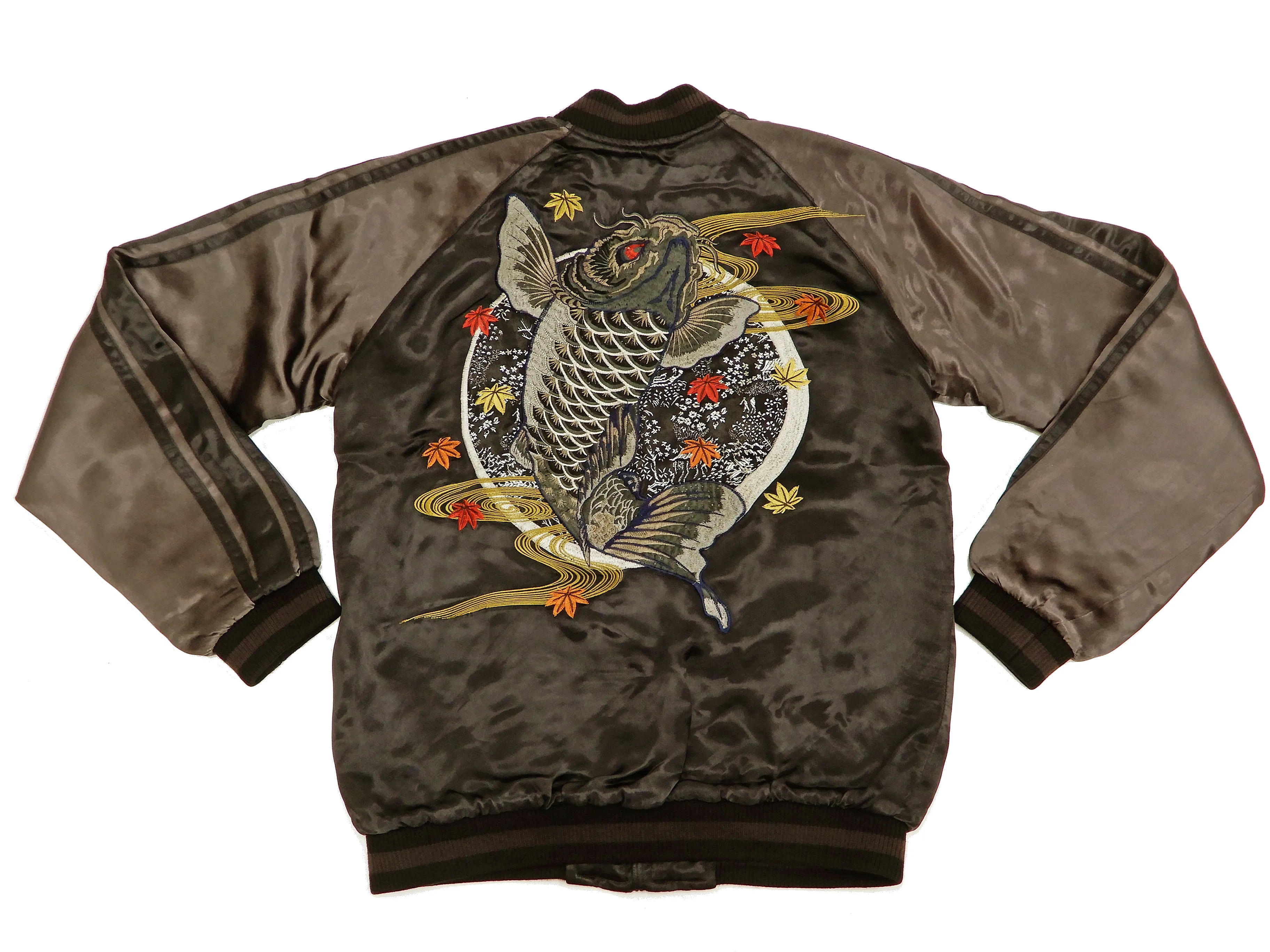 Satori Script Men's Japanese Souvenir Jacket Koi Fish Carp Sukajan GSJR-023 Black/Charcoal-Gray