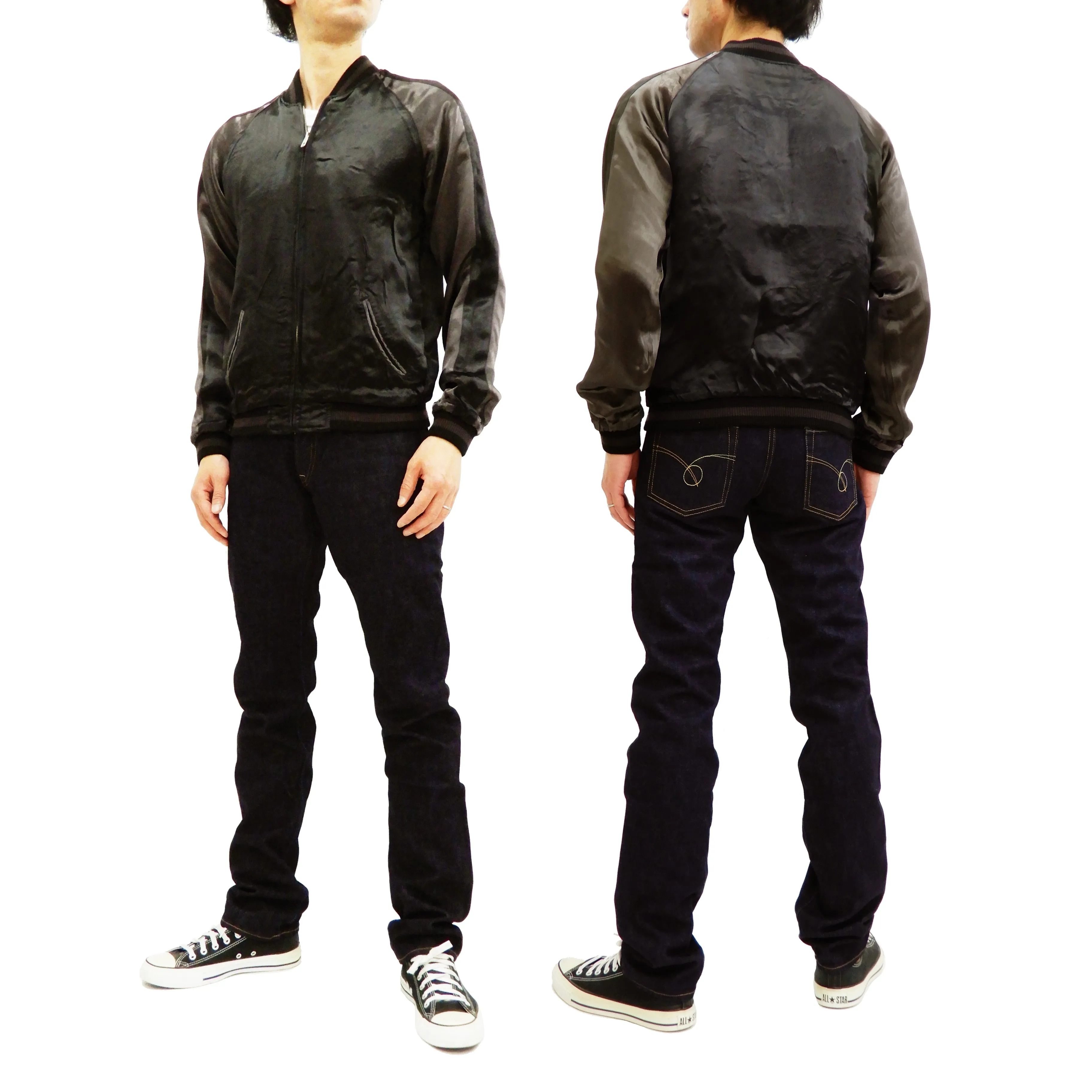 Satori Script Men's Japanese Souvenir Jacket Koi Fish Carp Sukajan GSJR-023 Black/Charcoal-Gray