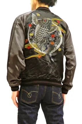 Satori Script Men's Japanese Souvenir Jacket Koi Fish Carp Sukajan GSJR-023 Black/Charcoal-Gray