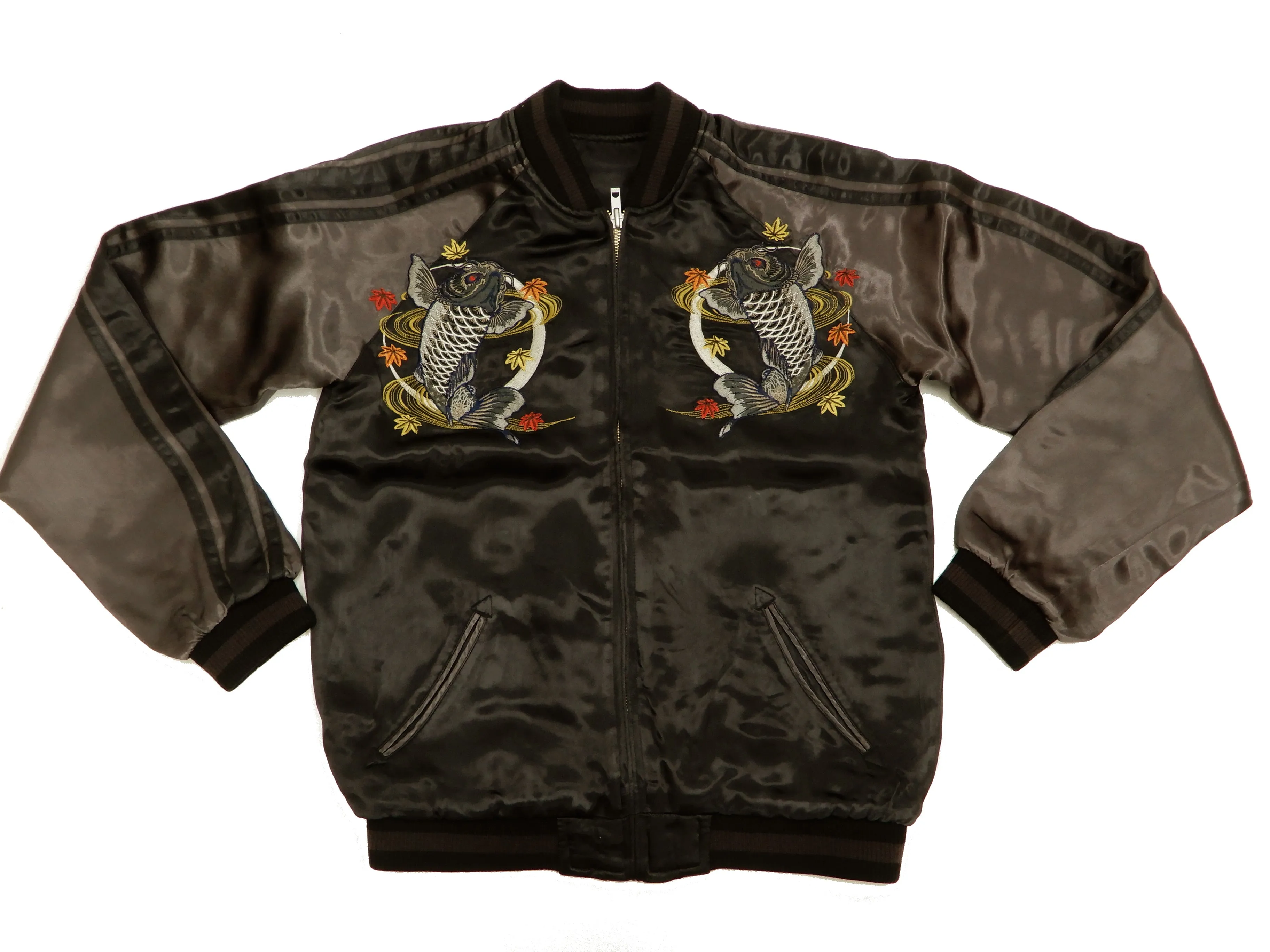 Satori Script Men's Japanese Souvenir Jacket Koi Fish Carp Sukajan GSJR-023 Black/Charcoal-Gray